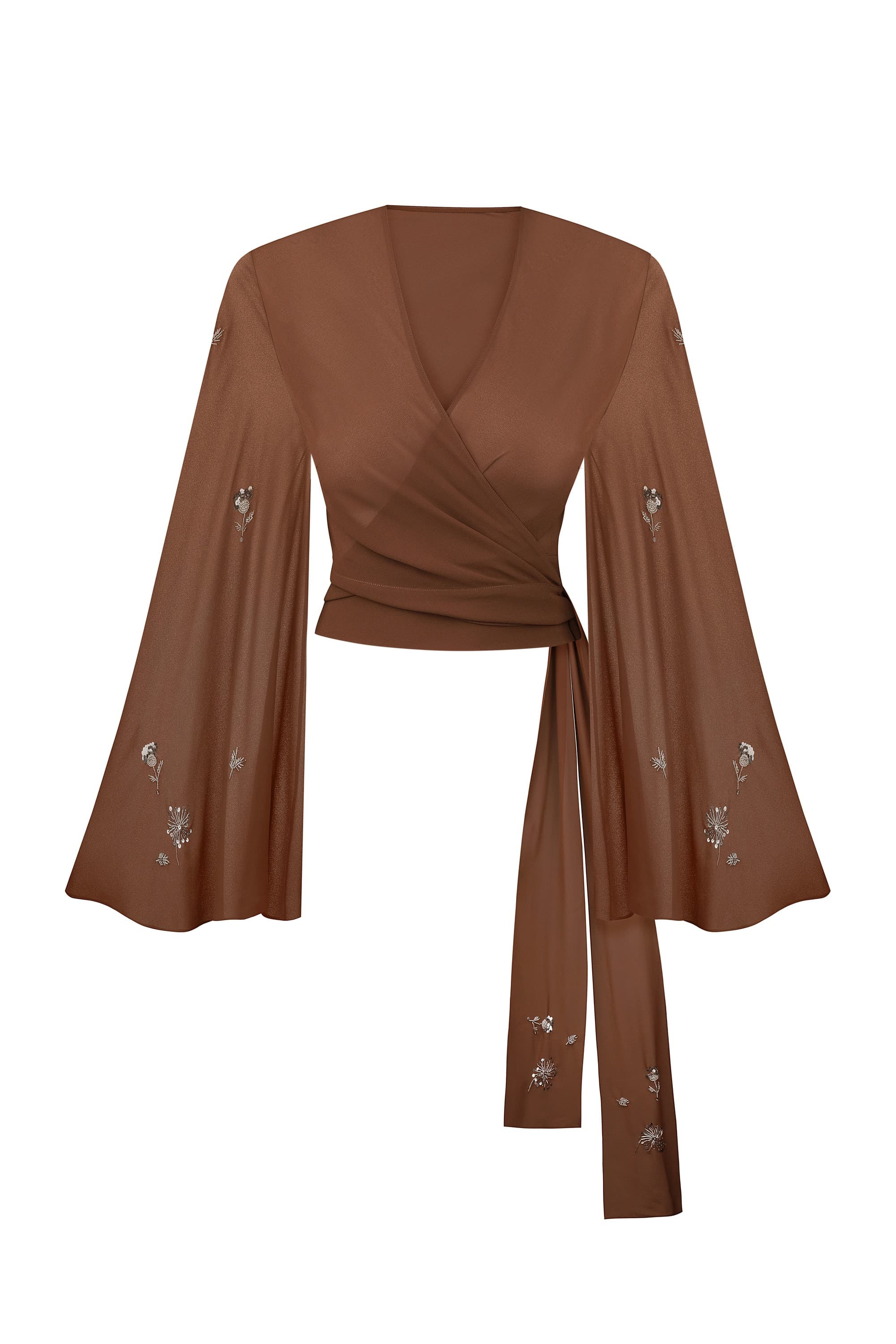 Wrap Marika blouse with embroidered sleeves front view