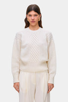 Model in cable knit Verona jumper front view