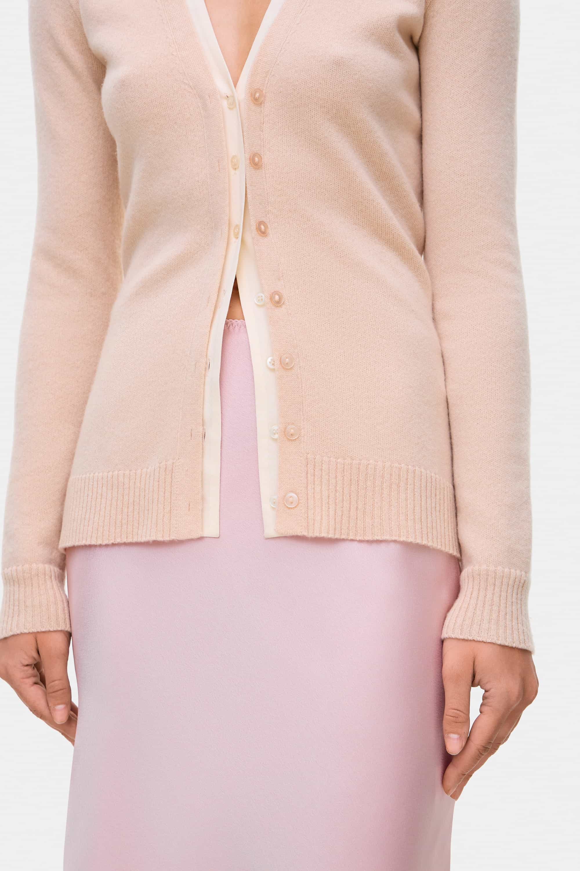 Model in cashmere Daniella top front details view