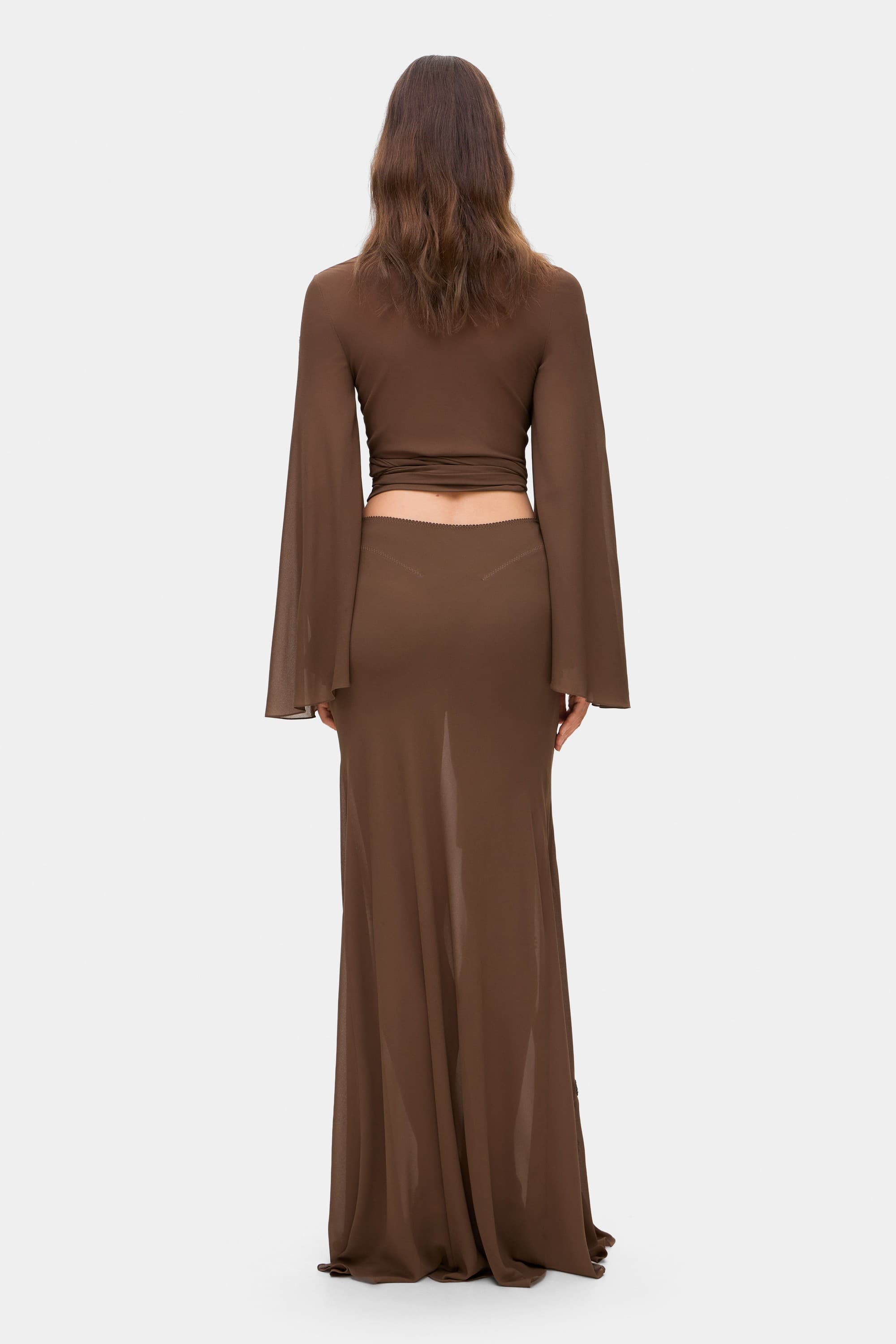 Model in chiffon Embroidered Dorothy maxi skirt with a scarf back view