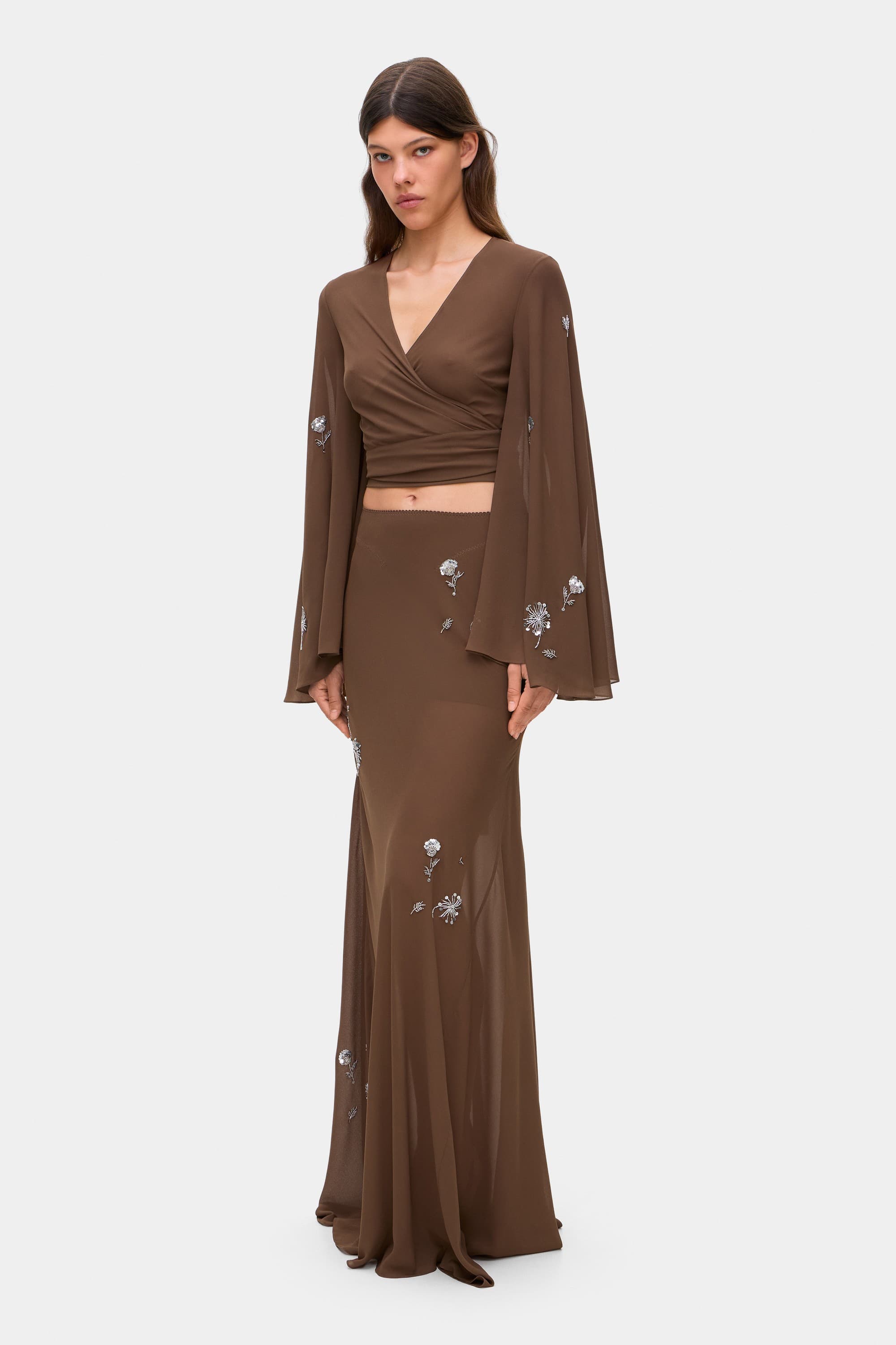 Model in chiffon Embroidered Dorothy maxi skirt with a scarf side view
