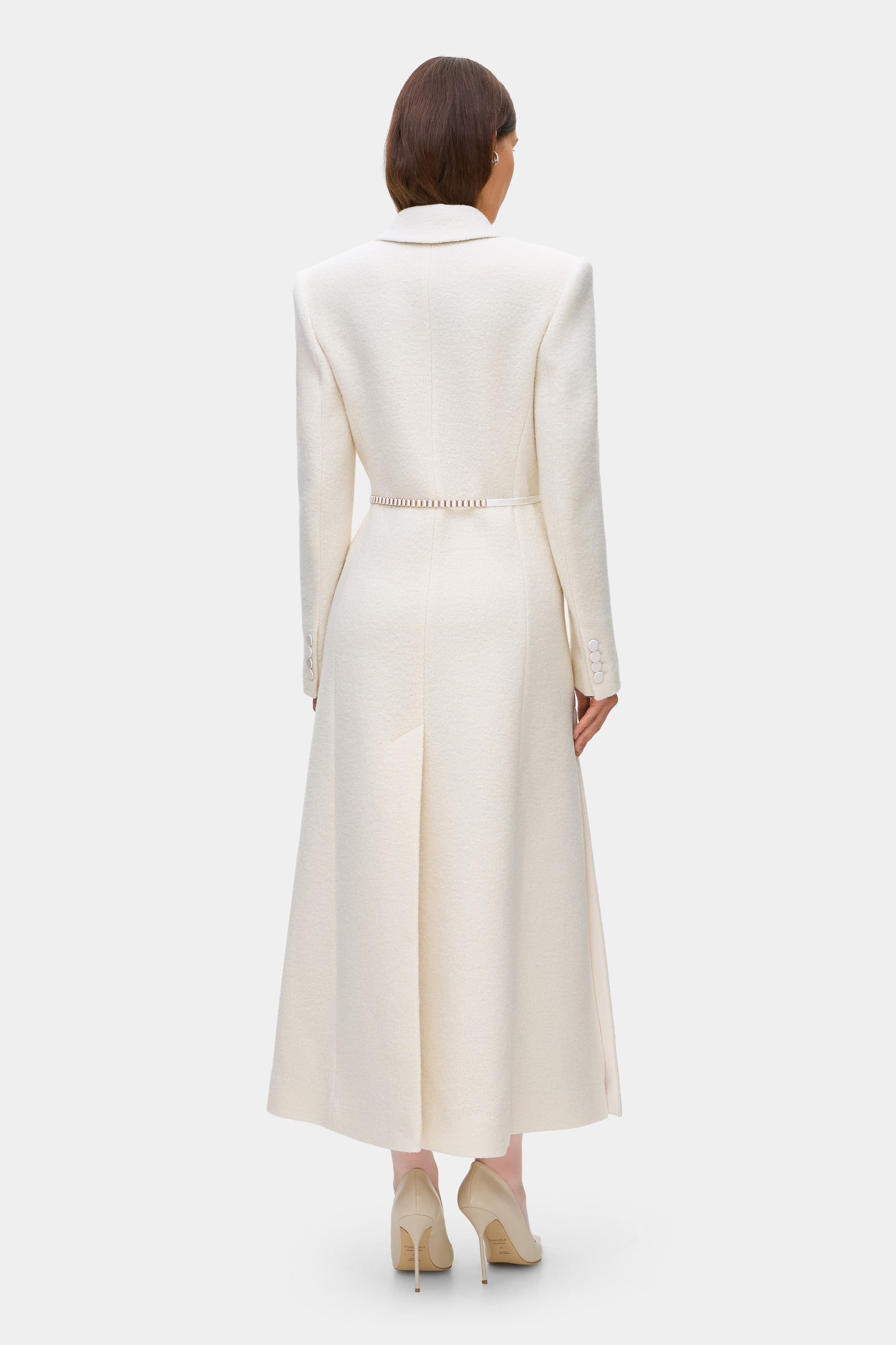 Model in fitted maxi boucle Anneliese coat back view