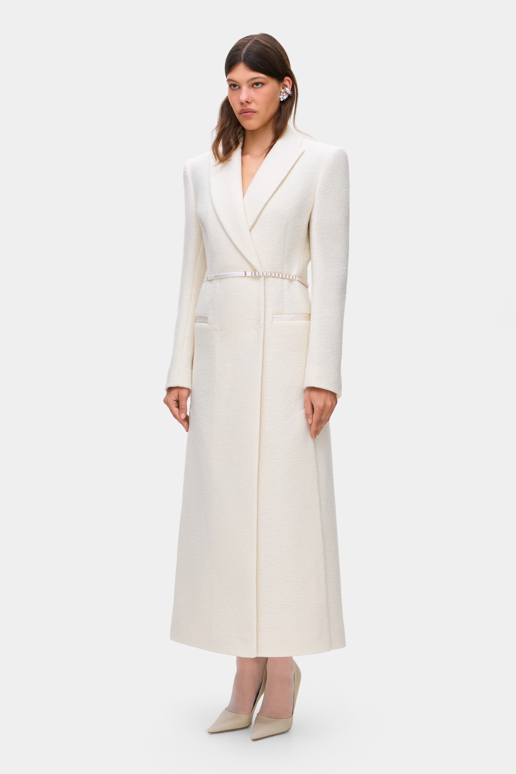 Model in fitted maxi boucle Anneliese coat side view