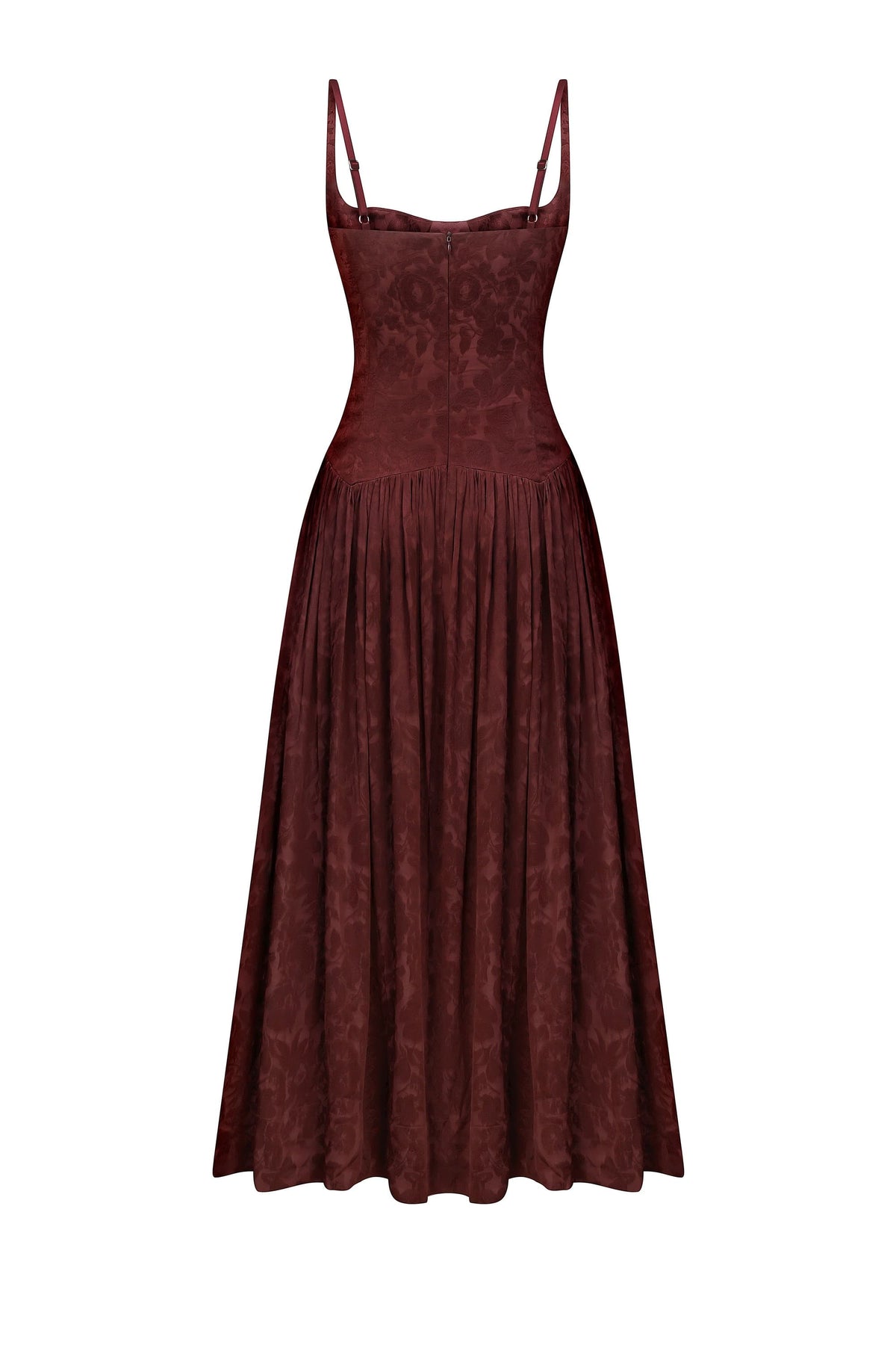 A sleeveless midi Antoinette dress in a deep burgundy velvet fabric, featuring a structured bodice, thin shoulder straps, and a flared skirt, shown against a plain white background, back view