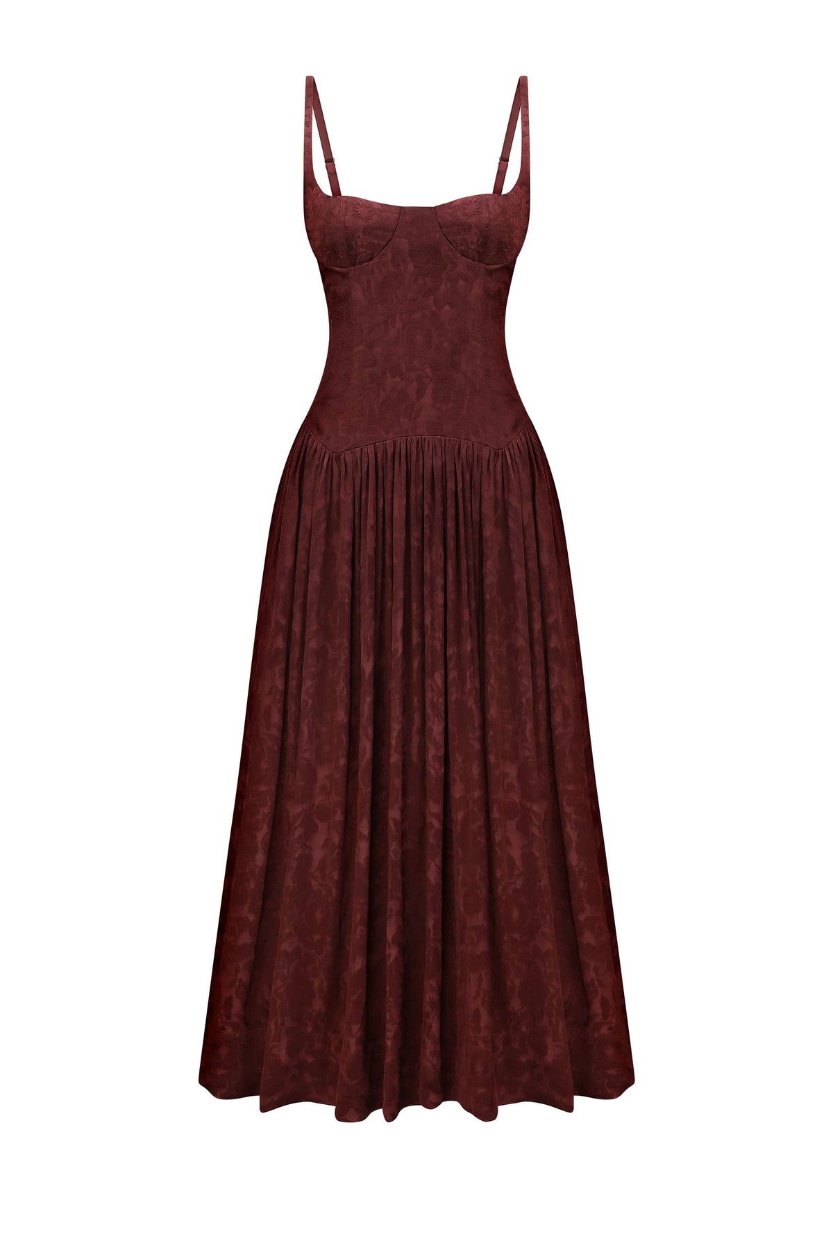A sleeveless midi Antoinette dress in a deep burgundy velvet fabric, featuring a structured bodice, thin shoulder straps, and a flared skirt, shown against a plain white background, front view