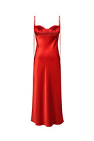 A red satin slip Isolde dress with a thin shoulder straps, shown against a plain white background, back view