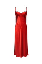 A red satin slip Isolde dress with a thin shoulder straps, shown against a plain white background, front view