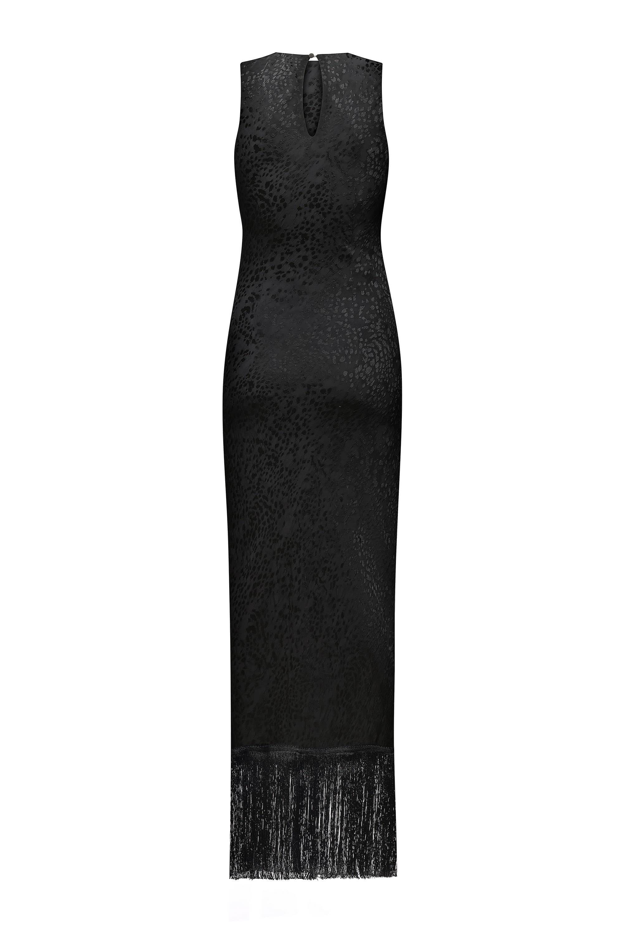 A sleeveless black lace Gill dress with a textured pattern and a fringed hem, shown against a plain white background, back view
