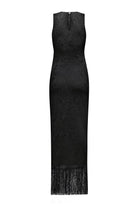 A sleeveless black lace Gill dress with a textured pattern and a fringed hem, shown against a plain white background, back view