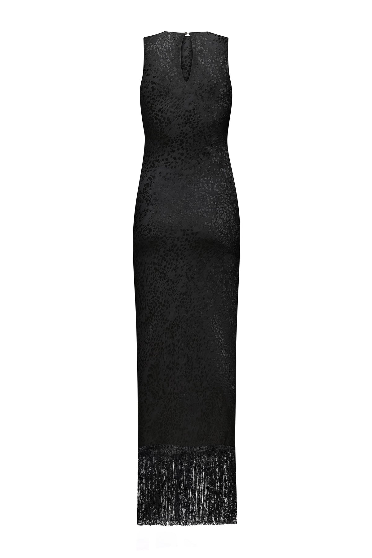 A sleeveless black lace Gill dress with a textured pattern and a fringed hem, shown against a plain white background, back view