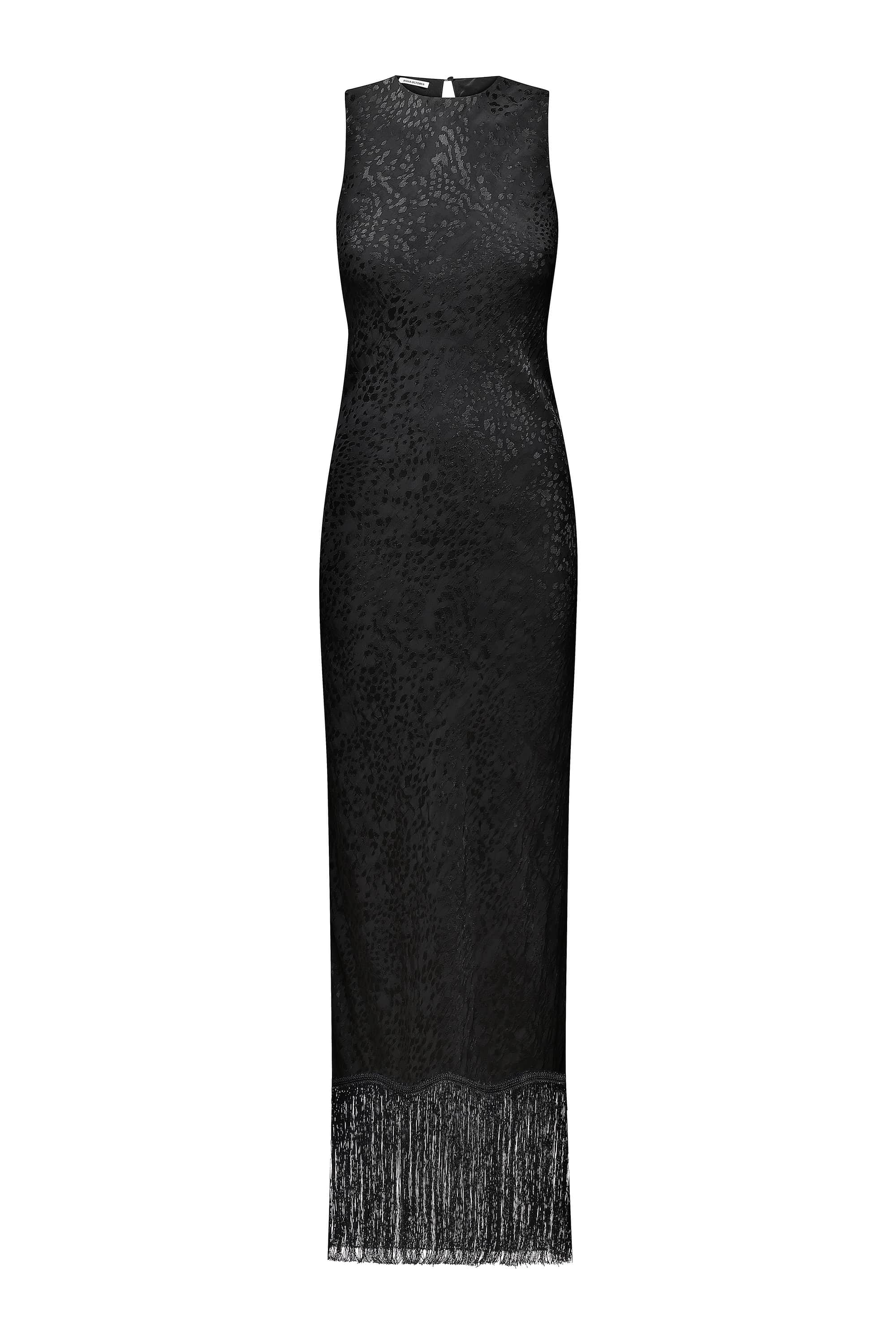 A sleeveless black lace Gill dress with a textured pattern and a fringed hem, shown against a plain white background, front view