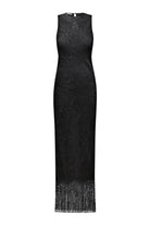 A sleeveless black lace Gill dress with a textured pattern and a fringed hem, shown against a plain white background, front view