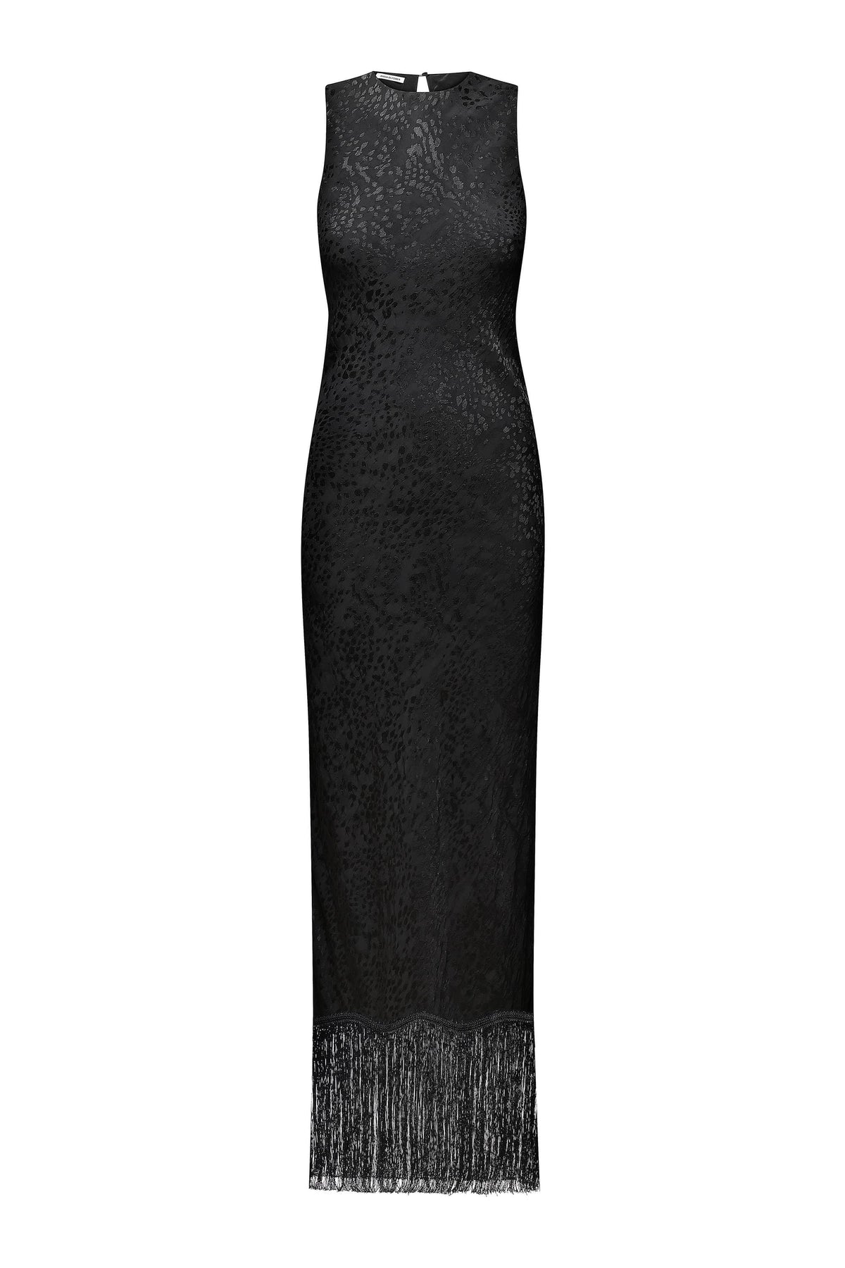 A sleeveless black lace Gill dress with a textured pattern and a fringed hem, shown against a plain white background, front view