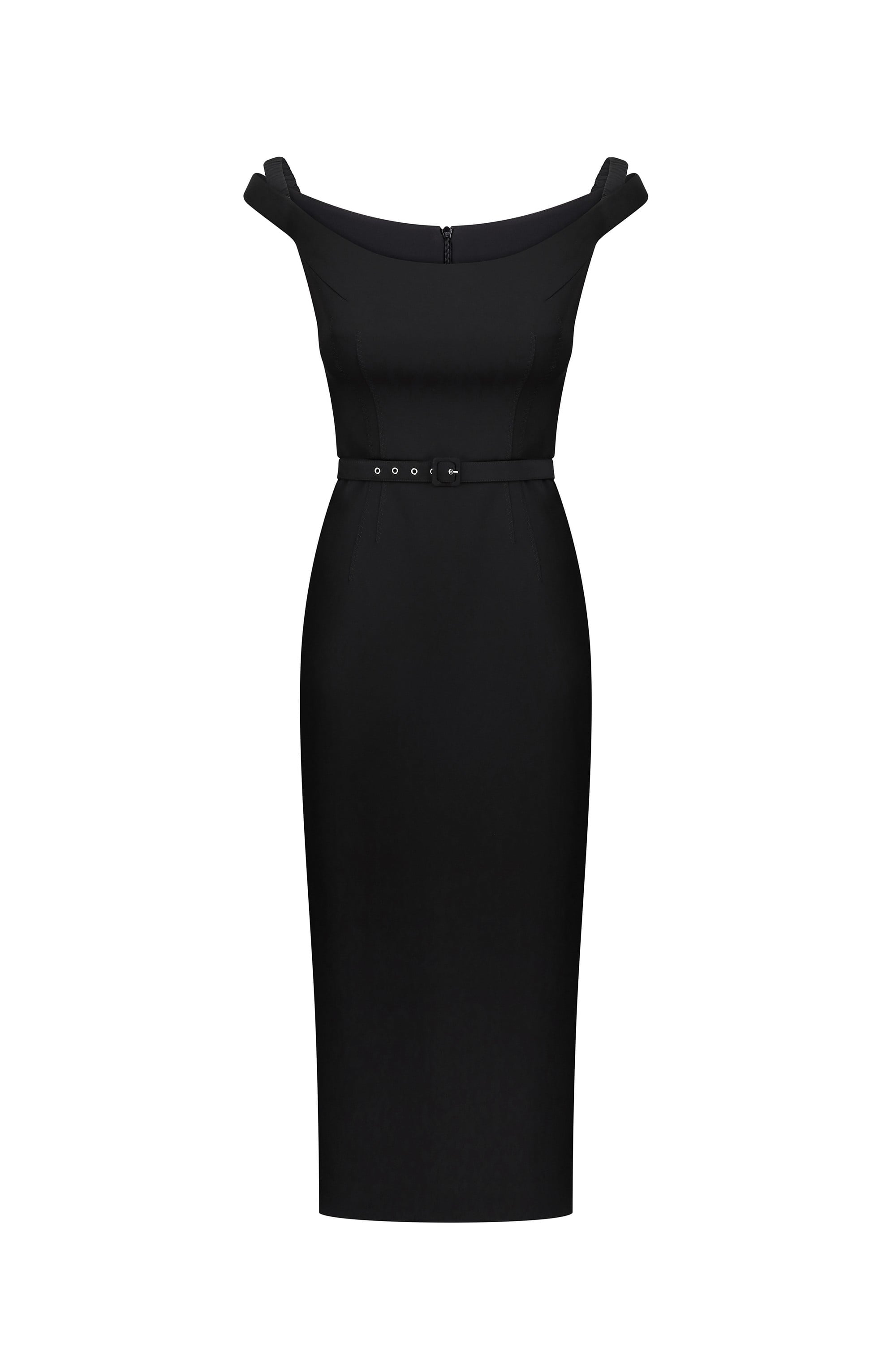 A black off-the-shoulder Judith dress with a fitted bodice, a thin waist belt with small silver studs, and a straight skirt, shown on a plain white background, front view