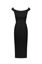 A black off-the-shoulder Judith dress with a fitted bodice, a thin waist belt with small silver studs, and a straight skirt, shown on a plain white background, front view