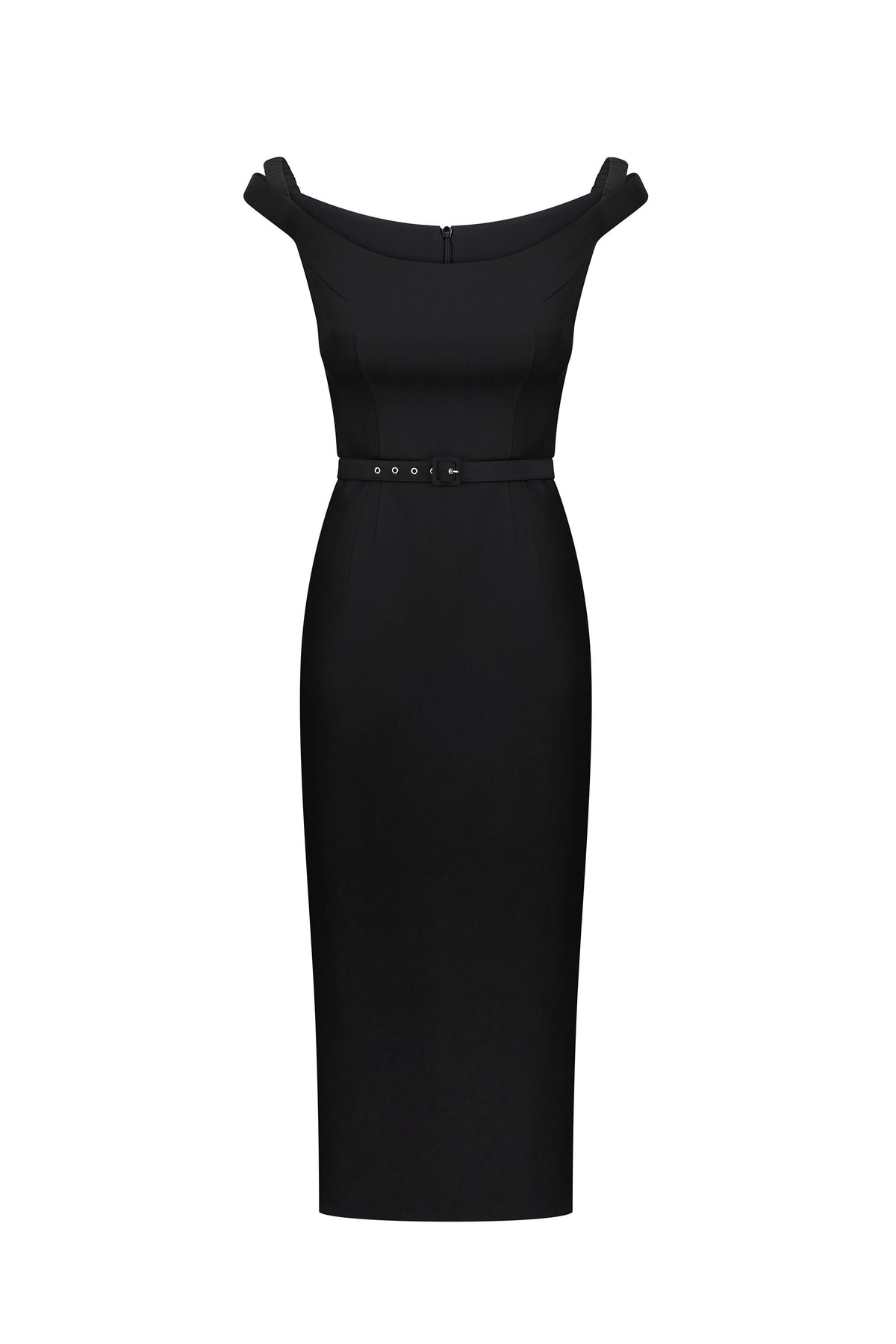 A black off-the-shoulder Judith dress with a fitted bodice, a thin waist belt with small silver studs, and a straight skirt, shown on a plain white background, front view