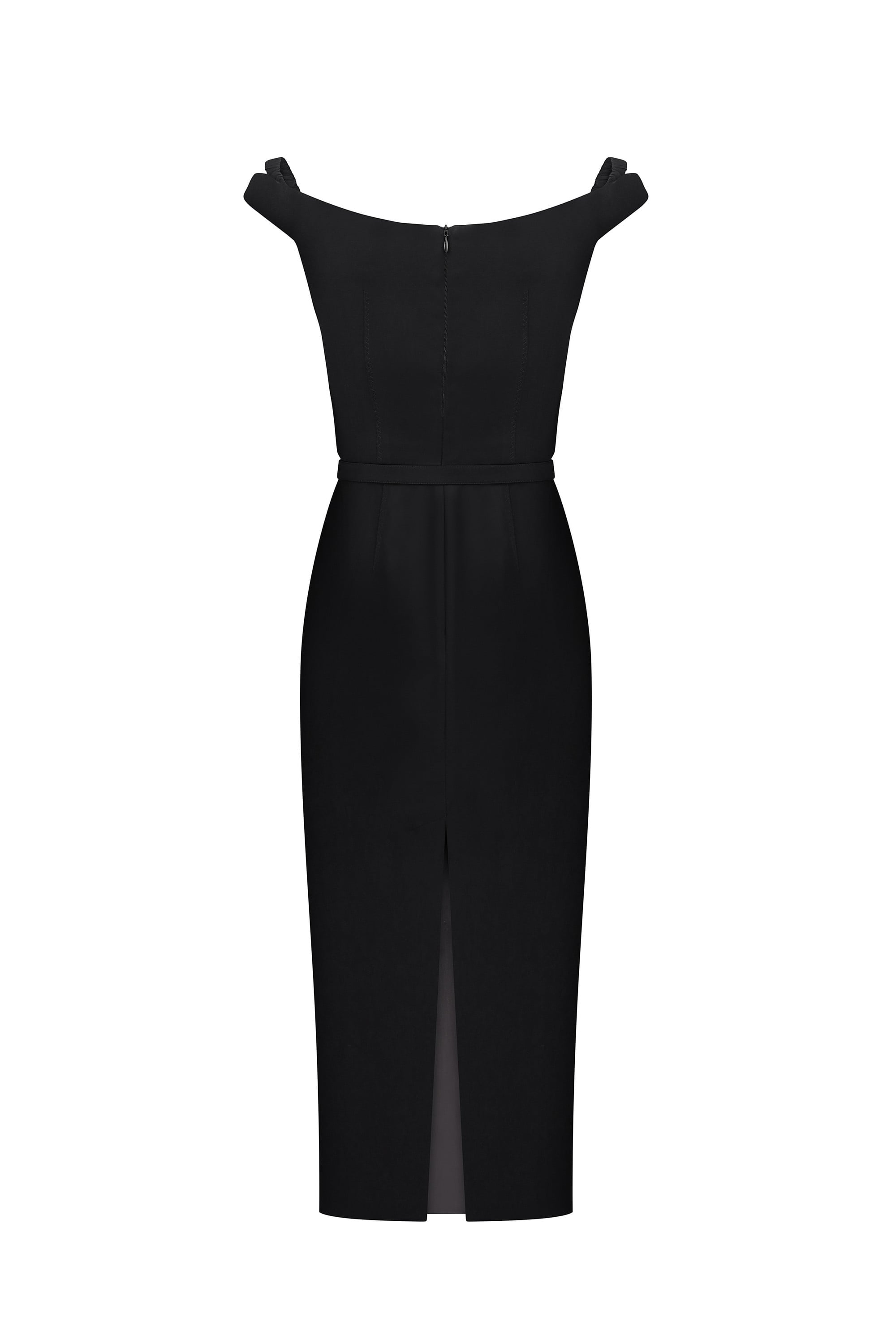A black off-the-shoulder Judith dress with a fitted bodice, defined waist, and front slit, shown on a plain white background, back view