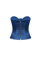 A royal blue strapless Raya corset bustier top with structured underbust and overbust seams, shown against a plain white background, back view