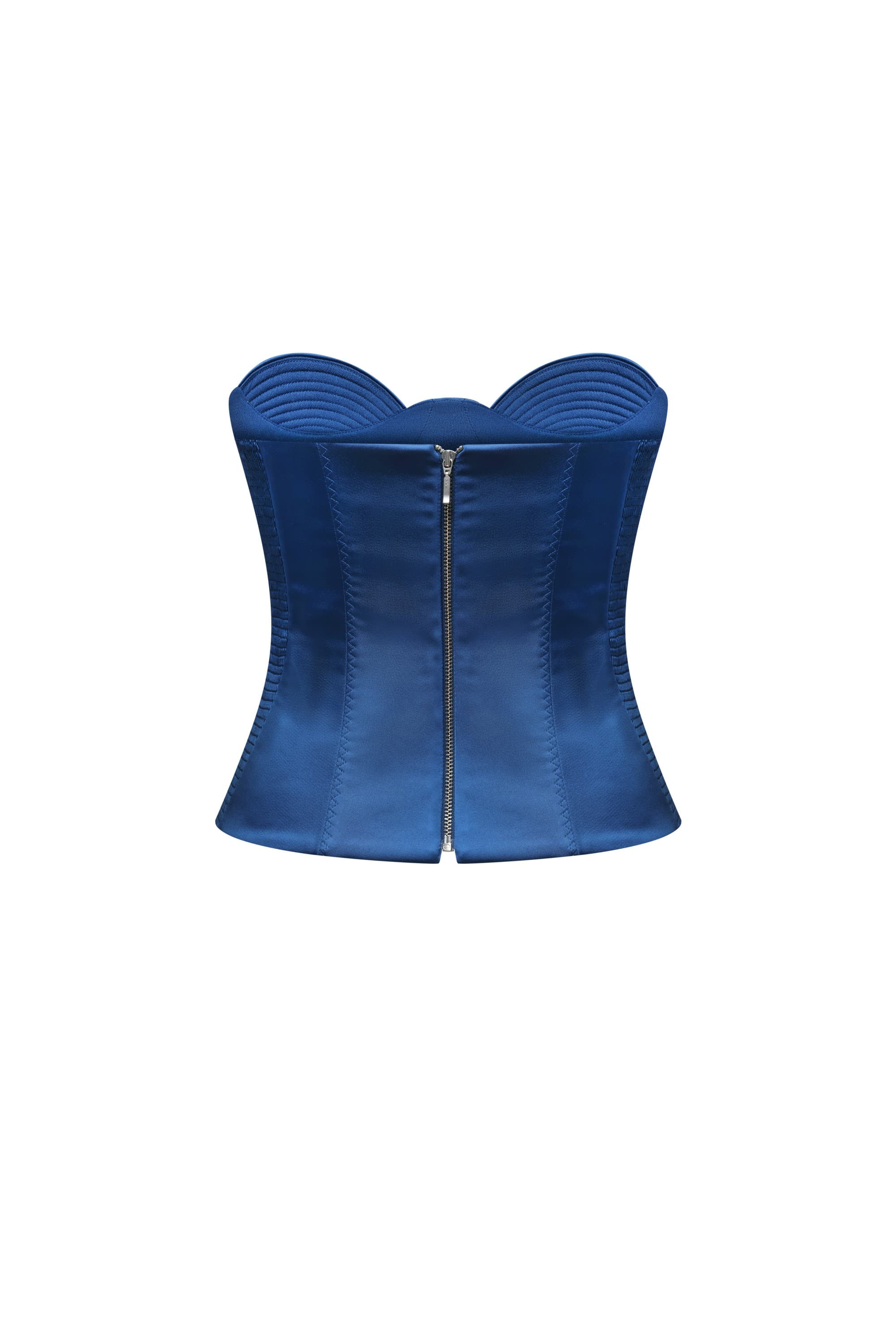 A royal blue strapless Raya corset bustier top with structured underbust and overbust seams, shown against a plain white background, back view
