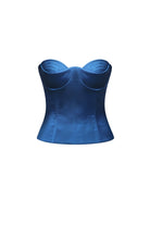 A royal blue strapless Raya corset bustier top with structured underbust and overbust seams, shown against a plain white background, front view
