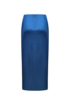 A royal blue satin Agnes skirt with a subtle sheen and a front seams, shown against a plain white background, back view