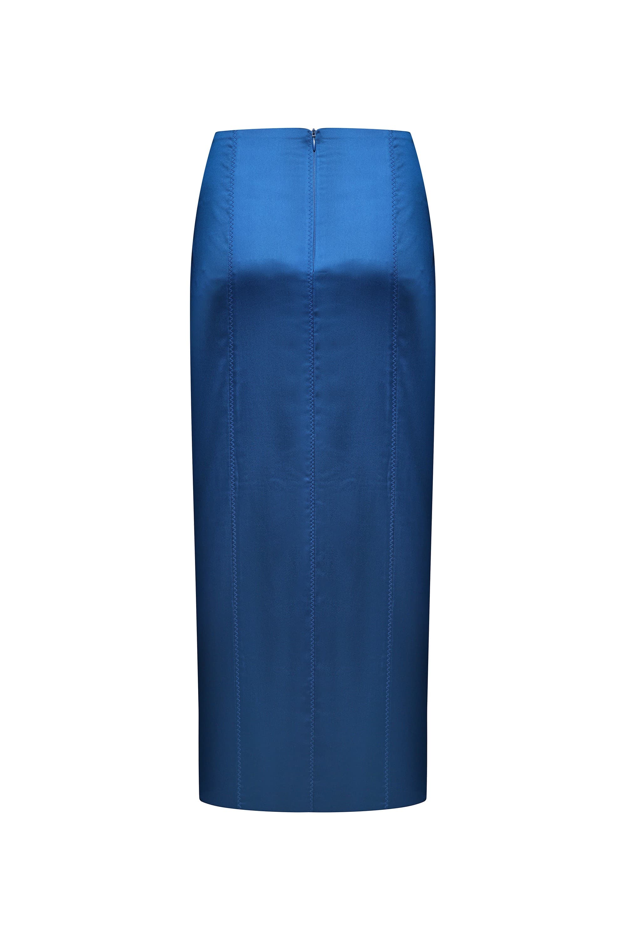 A royal blue satin Agnes skirt with a subtle sheen and a front seams, shown against a plain white background, back view