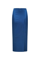 A royal blue satin Agnes skirt with a subtle sheen and a front seams, shown against a plain white background, front view