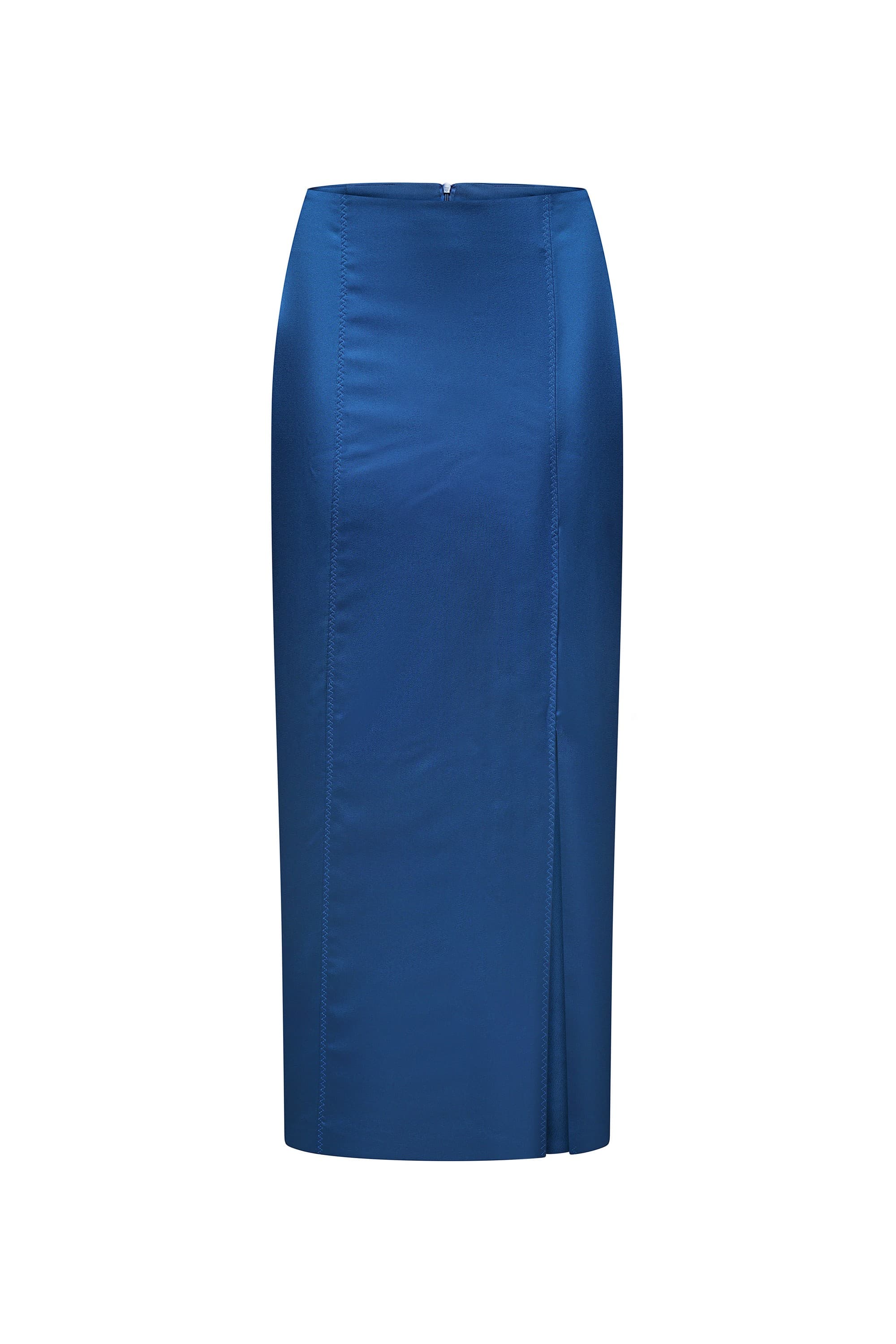 A royal blue satin Agnes skirt with a subtle sheen and a front seams, shown against a plain white background, front view