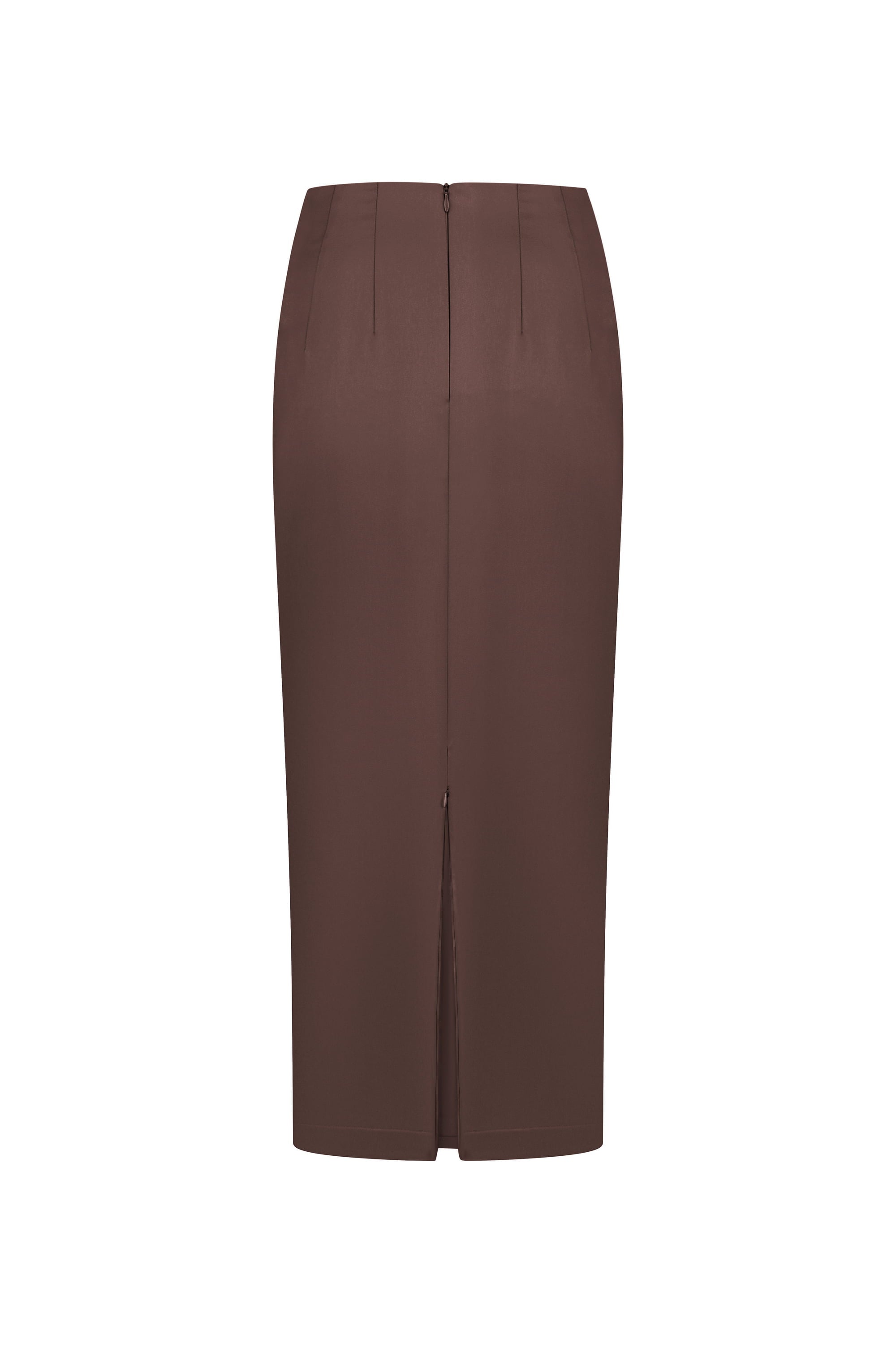 A brown pencil skirt with a front center slit, shown against a plain white background, back view