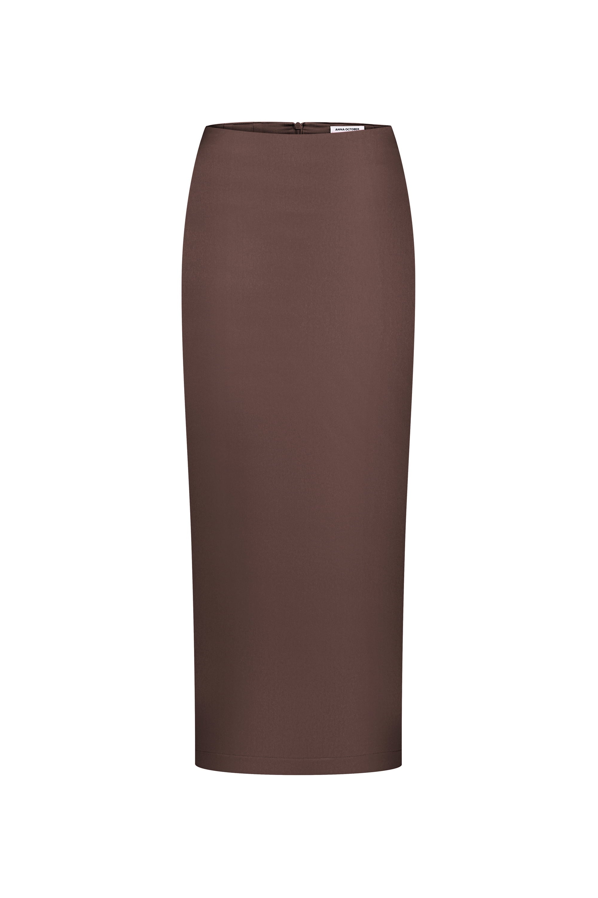 A solid brown knee-length pencil skirt shown on a clean white background, front view