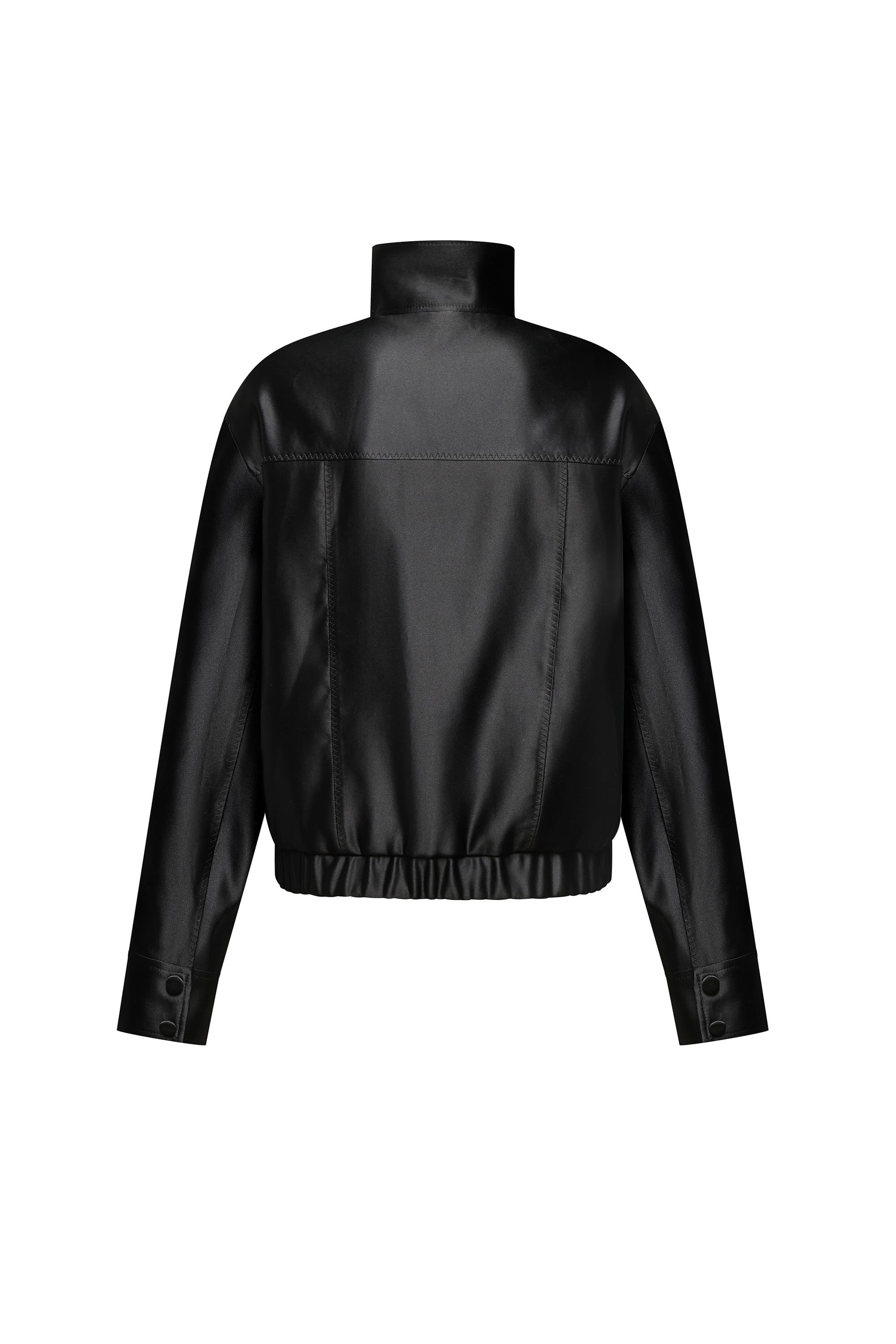 A black faux-leather Clarice jacket with a high mock neck collar, long sleeves, and a gathered elastic hem, shown from the back on a plain white background, back view