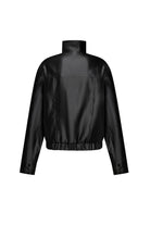 A black faux-leather Clarice jacket with a high mock neck collar, long sleeves, and a gathered elastic hem, shown from the back on a plain white background, back view