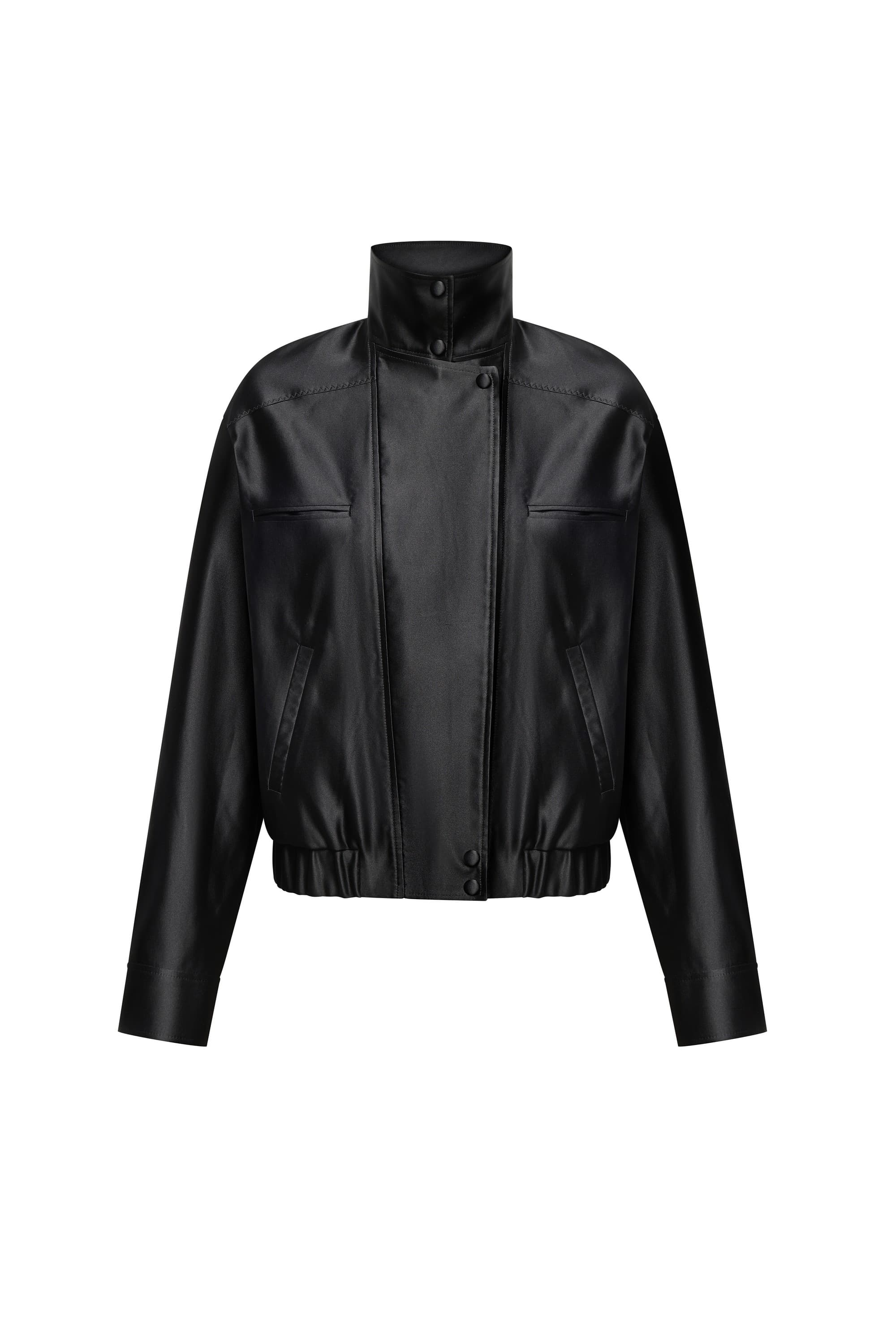 A black faux-leather Clarice jacket with a high mock neck collar, long sleeves, and a gathered elastic hem, shown from the back on a plain white background, front view