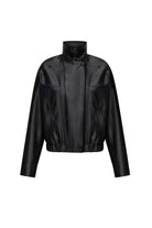 A black faux-leather Clarice jacket with a high mock neck collar, long sleeves, and a gathered elastic hem, shown from the back on a plain white background, front view