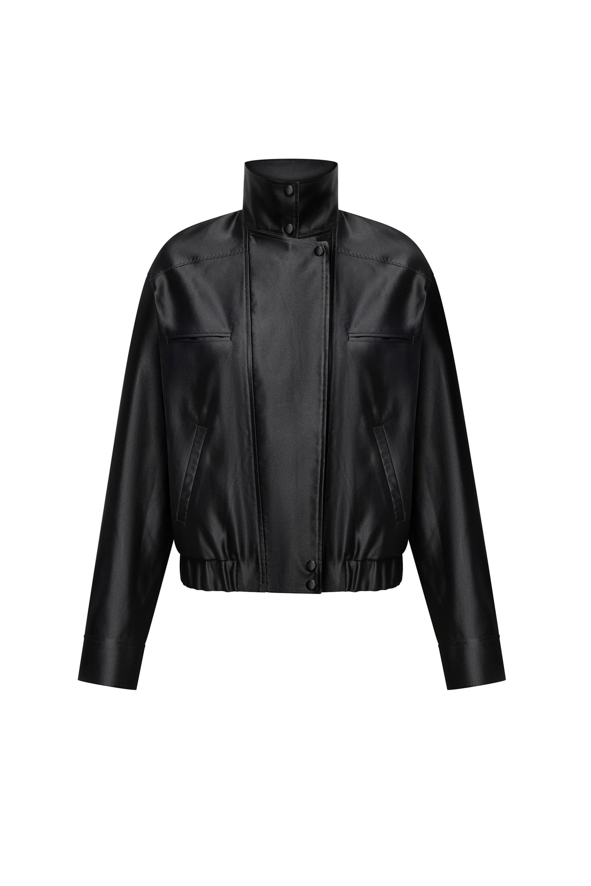 A black faux-leather Clarice jacket with a high mock neck collar, long sleeves, and a gathered elastic hem, shown from the back on a plain white background, front view