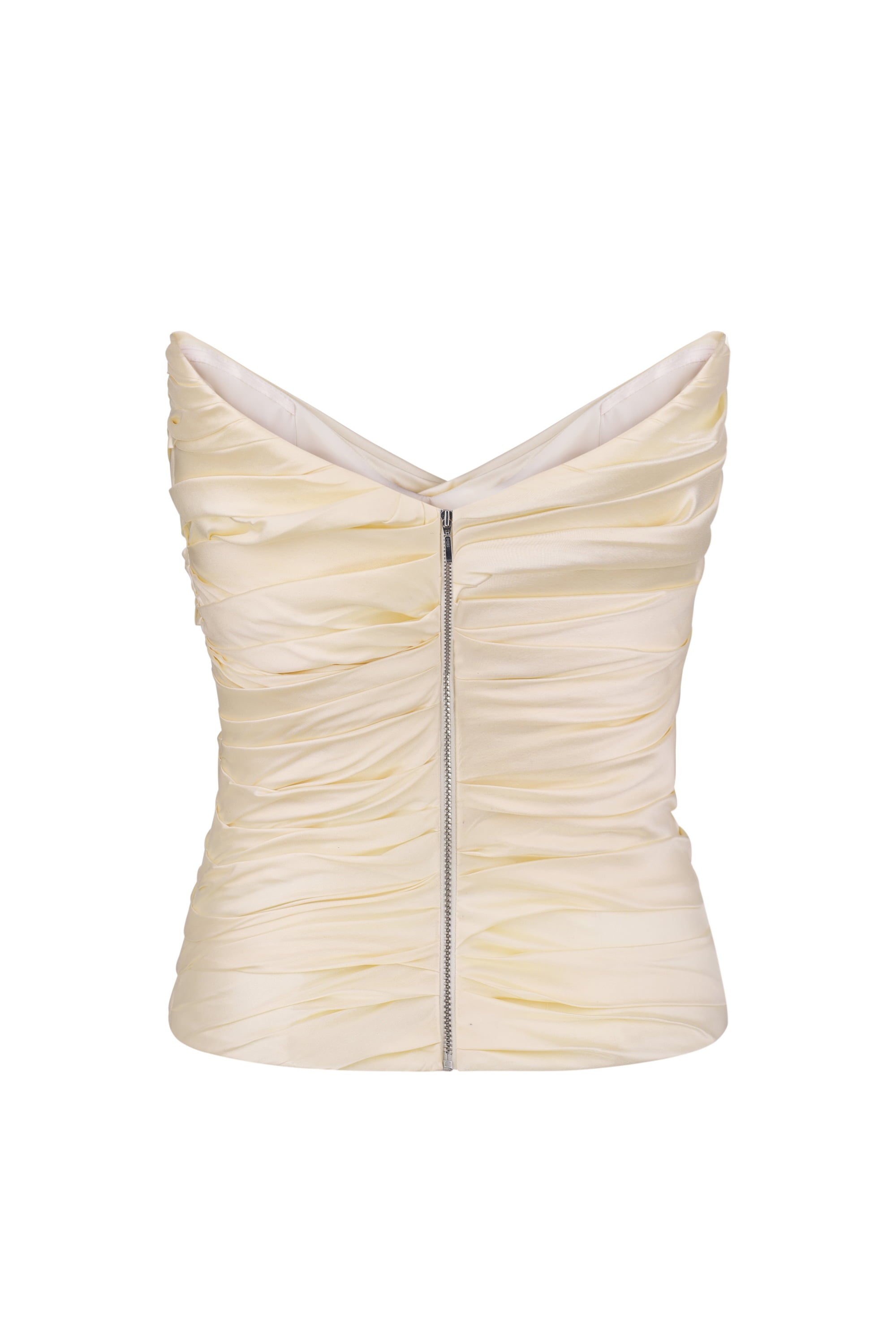 A strapless corset-style Lissa top in a buttermilk color, a central silver zipper, shown against a plain white background, back view