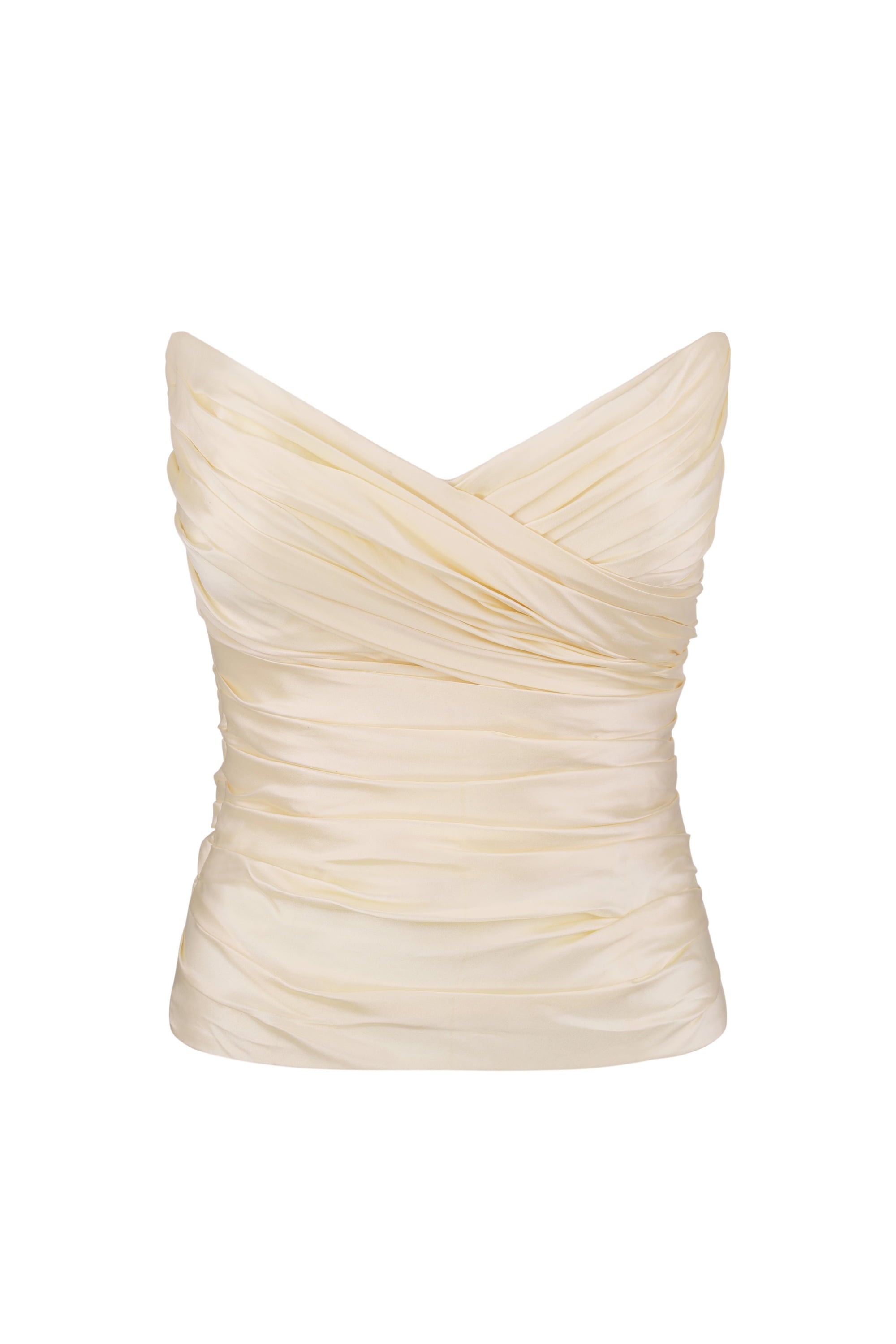 An buttermilk strapless draped Lissa top with a sweetheart neckline and gathered fabric details, shown against a plain white background, front view