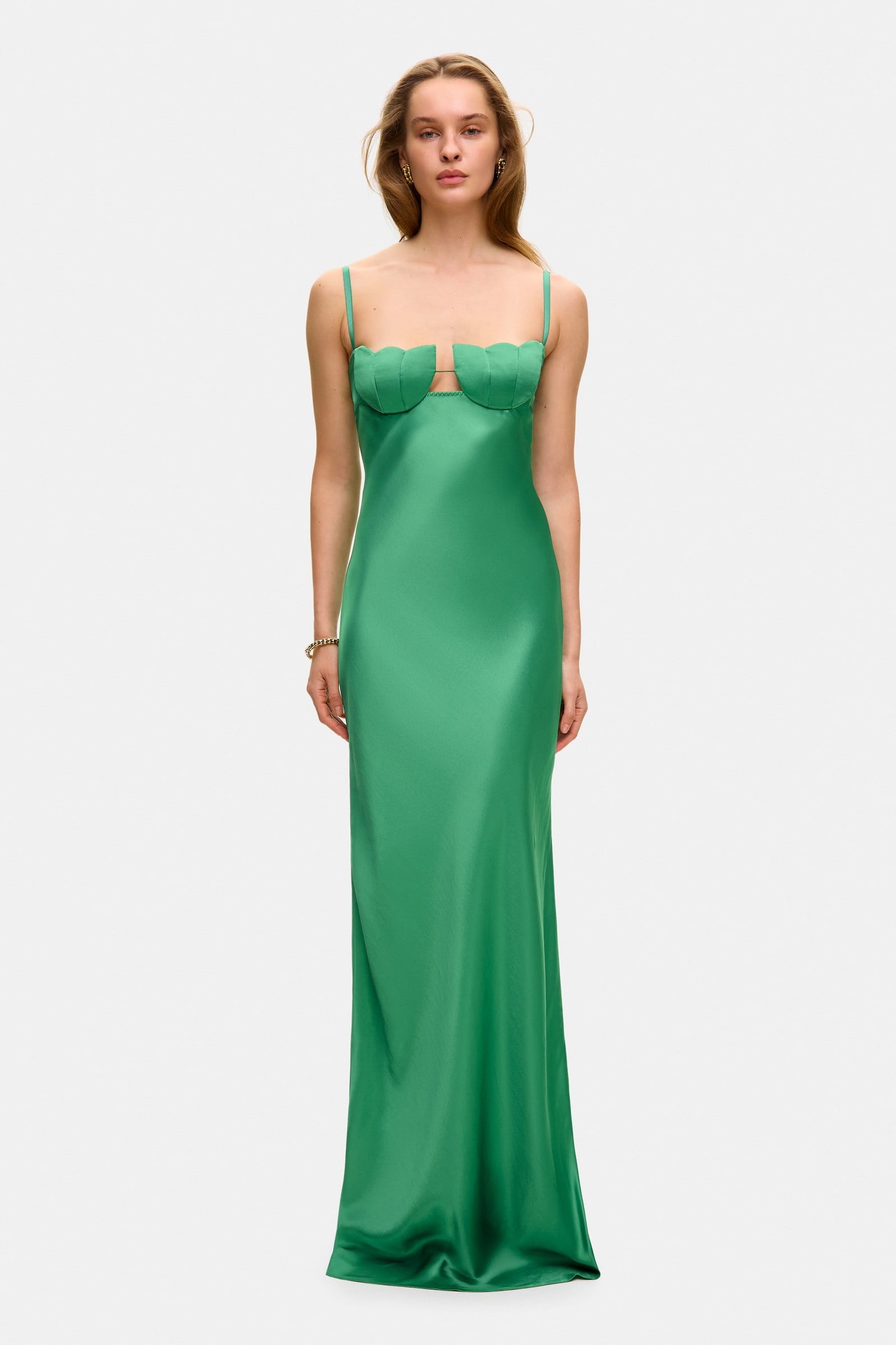 Model in Tulip maxi dress with tulip-shaped decorated cups front view
