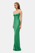 Model in Tulip maxi dress with tulip-shaped decorated cups side view
