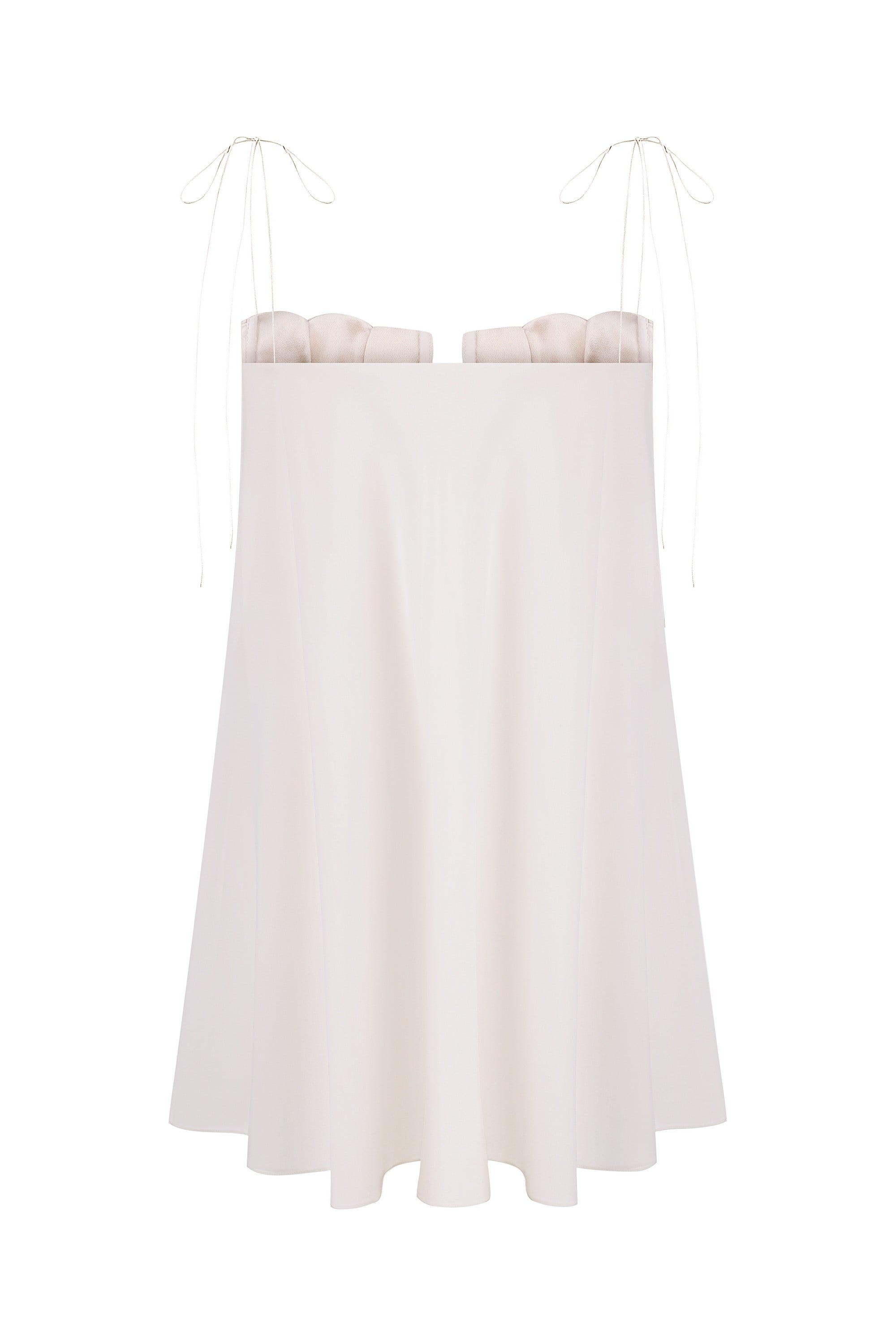 Loose Tonia mini dress with tulip-shaped decorated cups and straps tied into bows back view