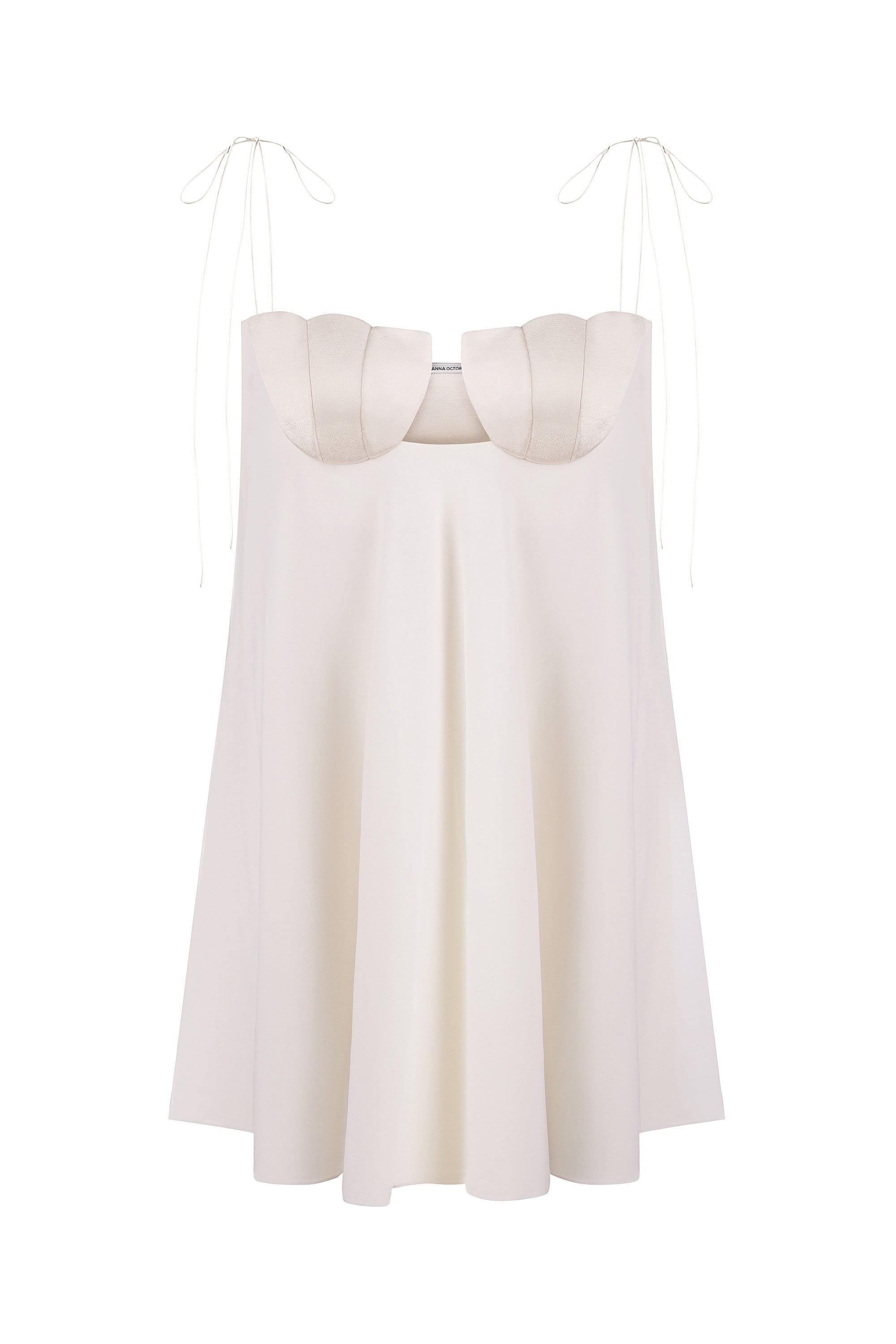 Loose Tonia mini dress with tulip-shaped decorated cups and straps tied into bows front view