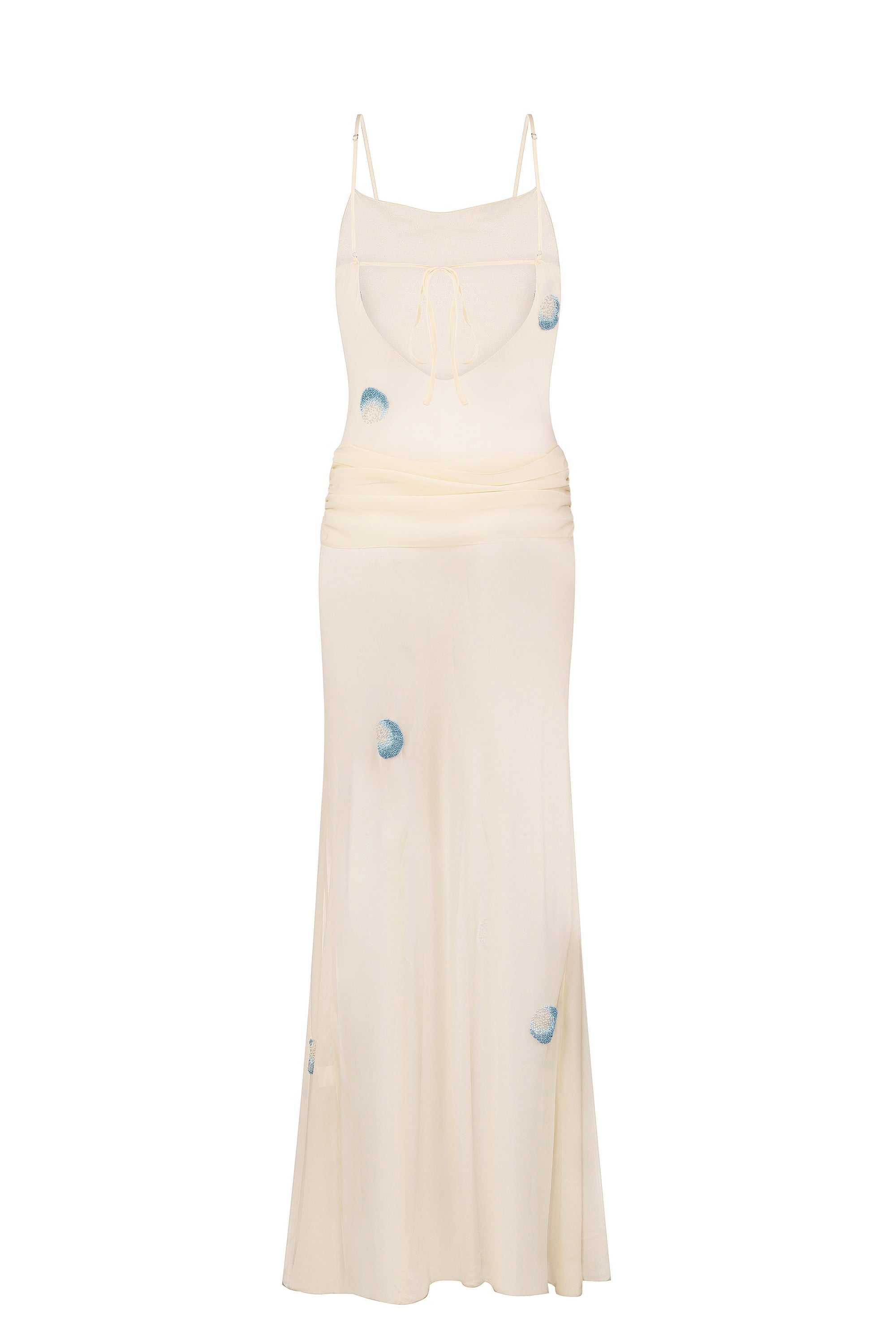 Zoe maxi dress with decorative scarf at the hips, featuring embroidery elements throughout the dress back view