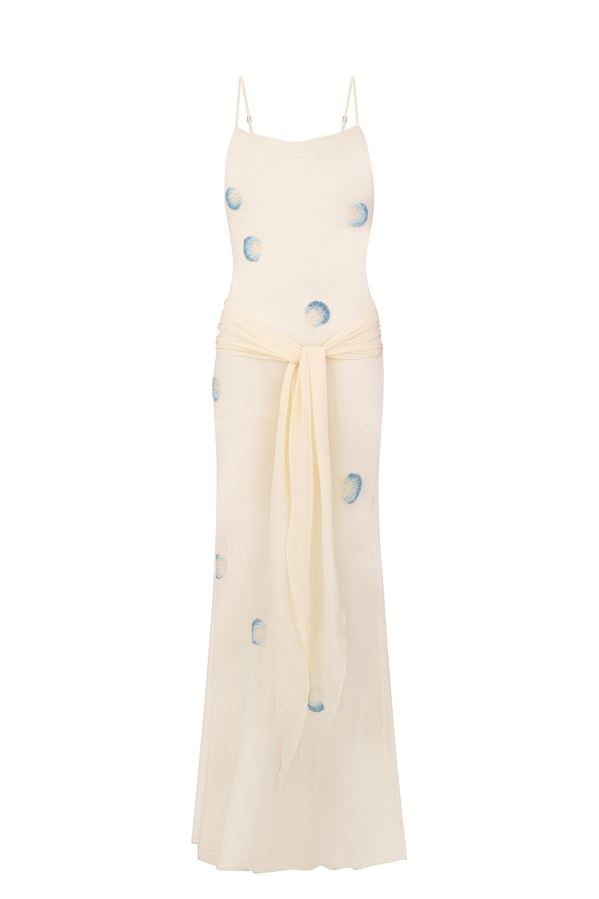 Zoe maxi dress with decorative scarf at the hips, featuring embroidery elements throughout the dress front view