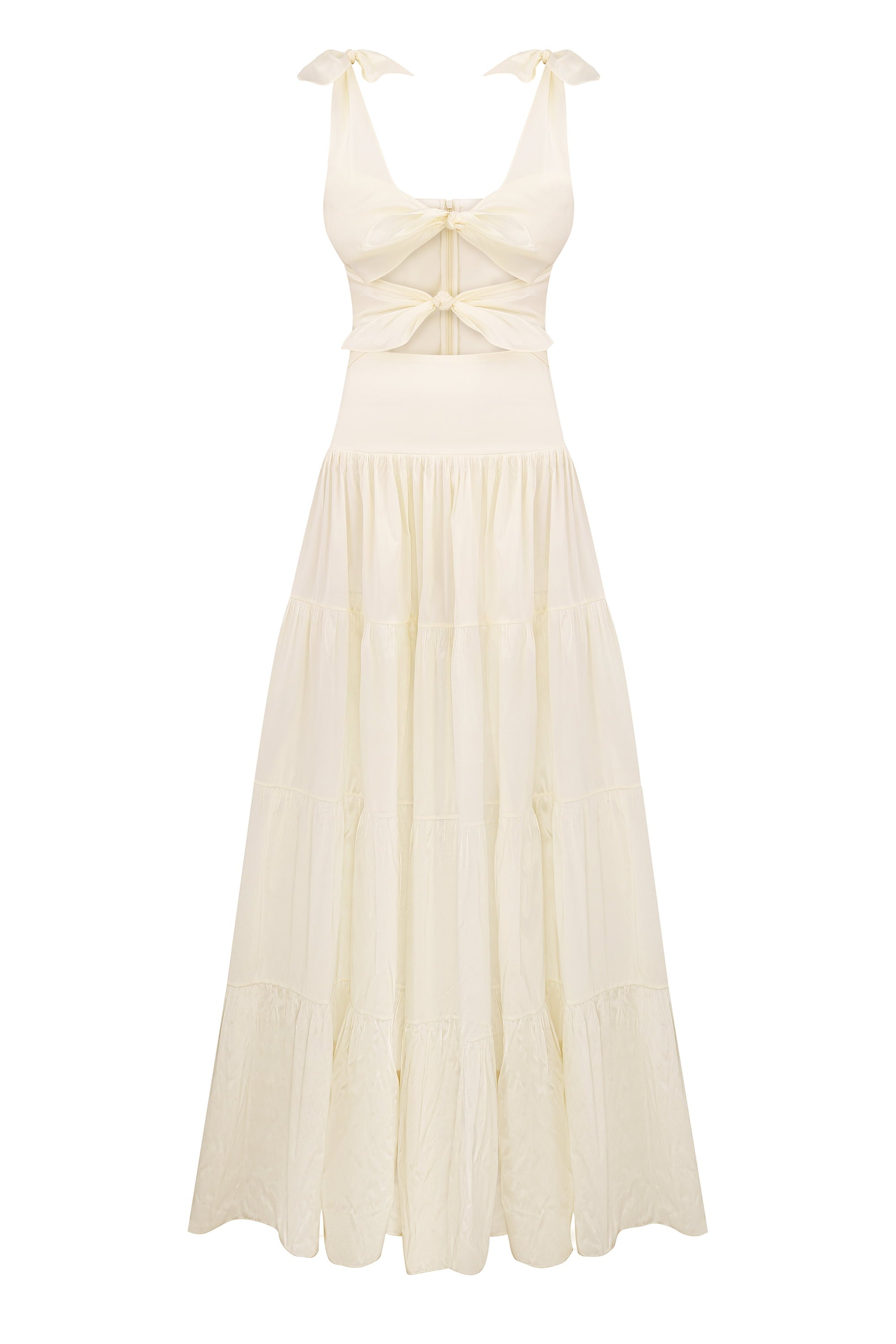 Maxi Aymie dress with ties on the top and wide skirt front view