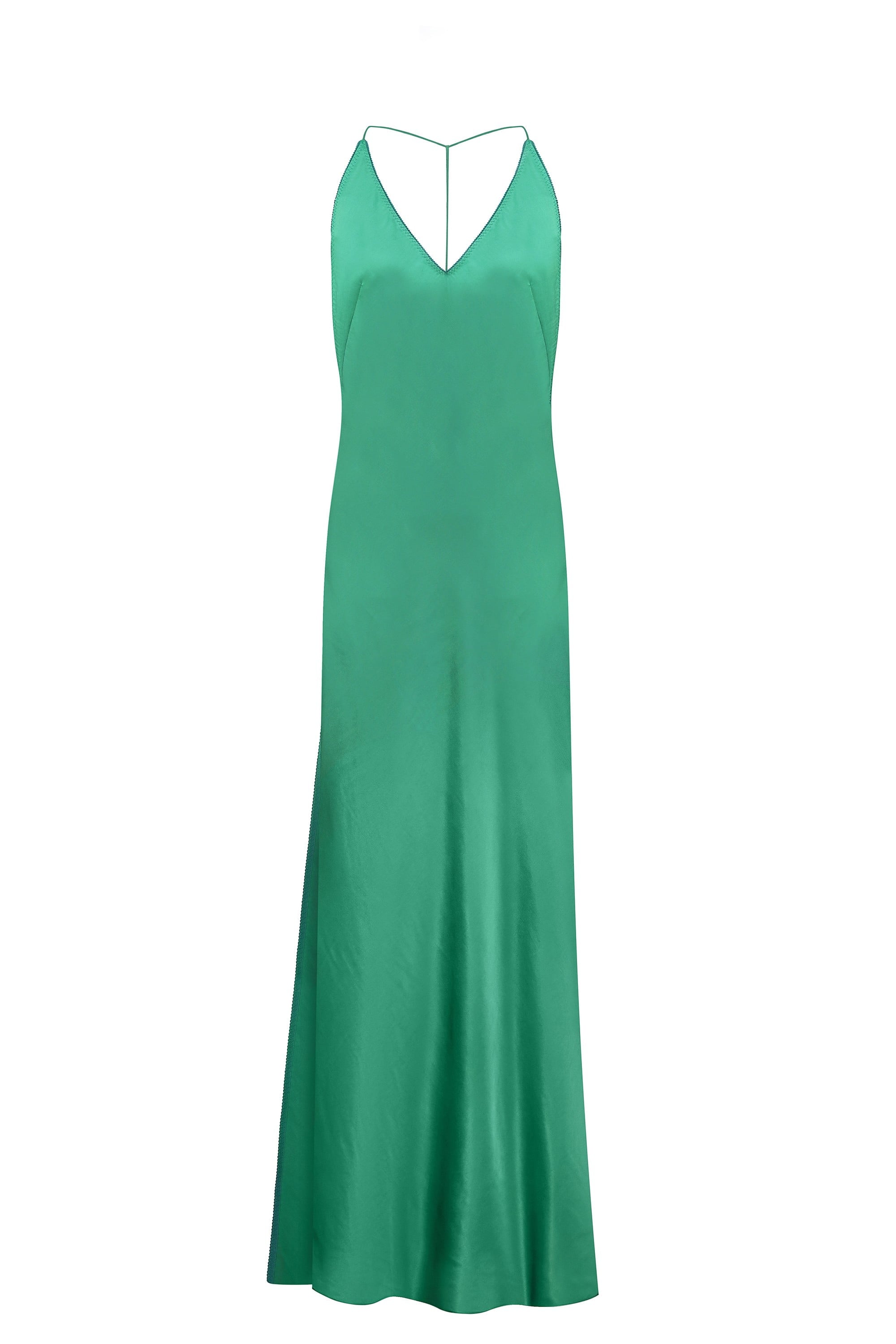 Open back maxi Justina dress with flowing design and a slit front view