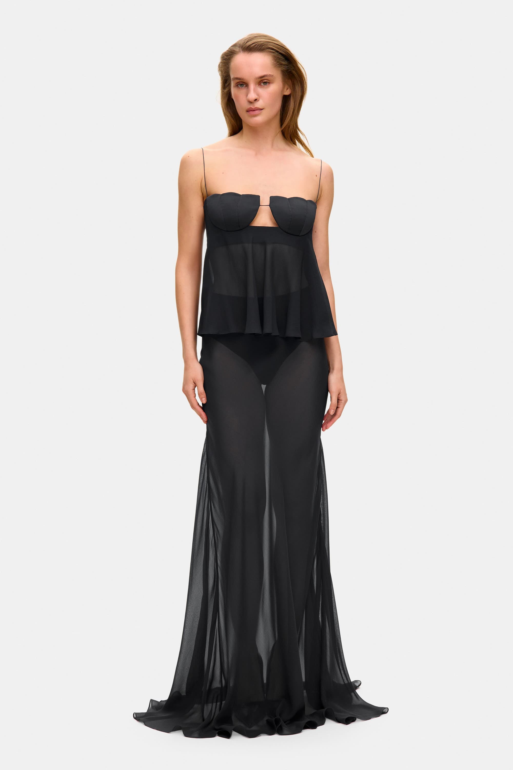 Model in silk chiffon Lola maxi skirt front view