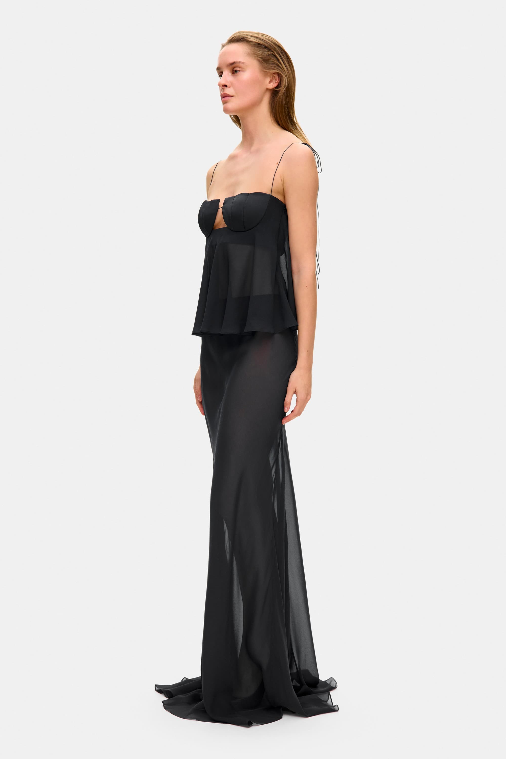 Model in silk chiffon Lola maxi skirt side view