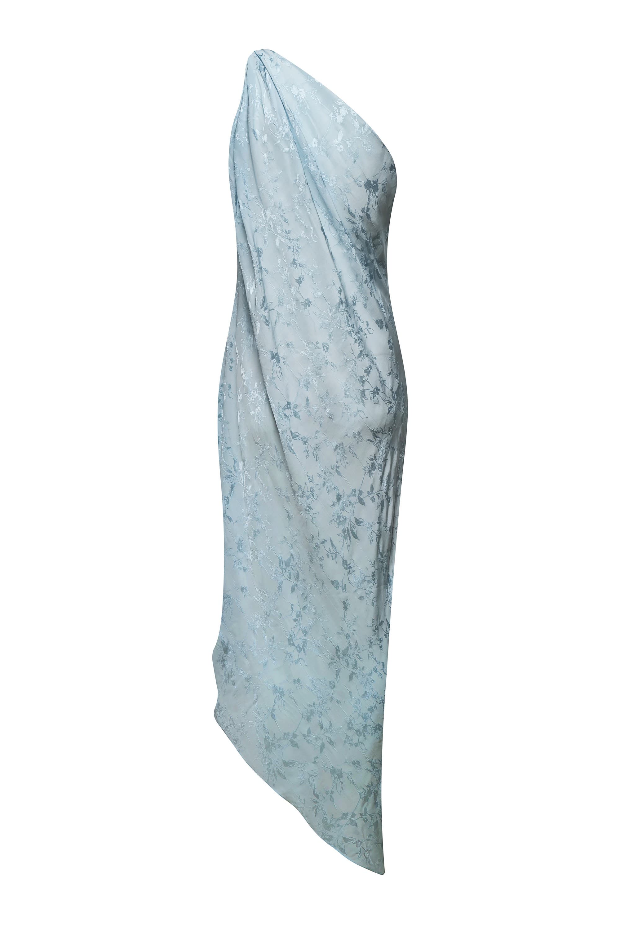 A light blue asymmetrical draped Rina dress with a textured subtle tonal floral pattern, shown against a plain white background, front view