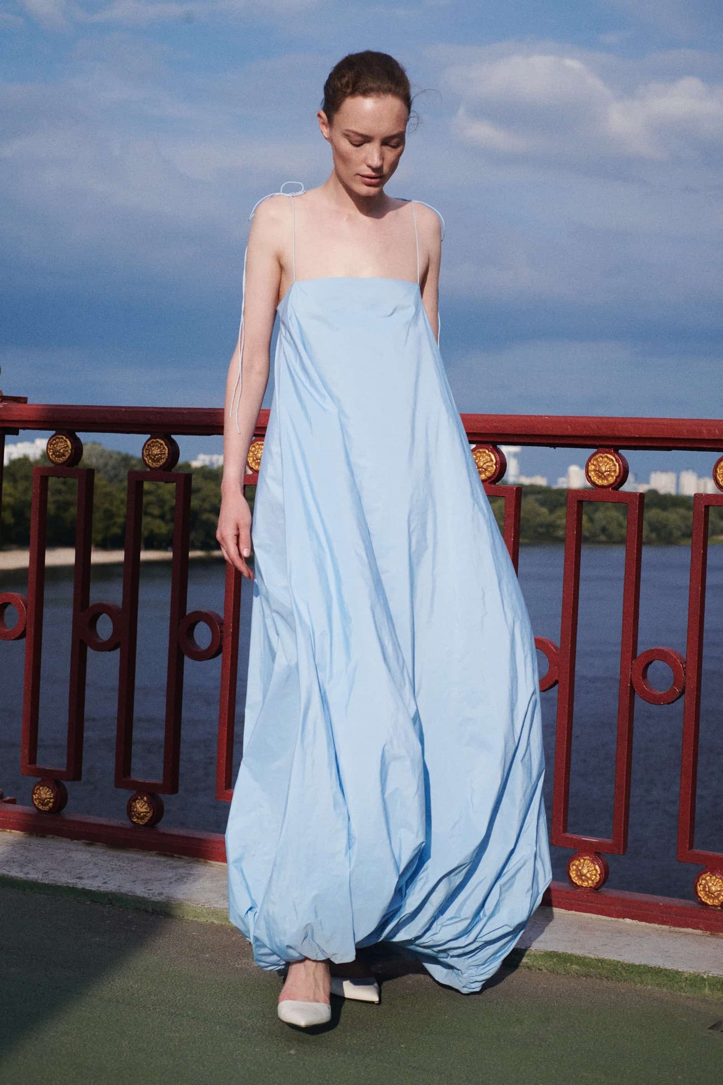 Model in baby blue Luis dress front view