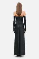 Model in silhouette Delancy maxi dress with a corset bodice back view